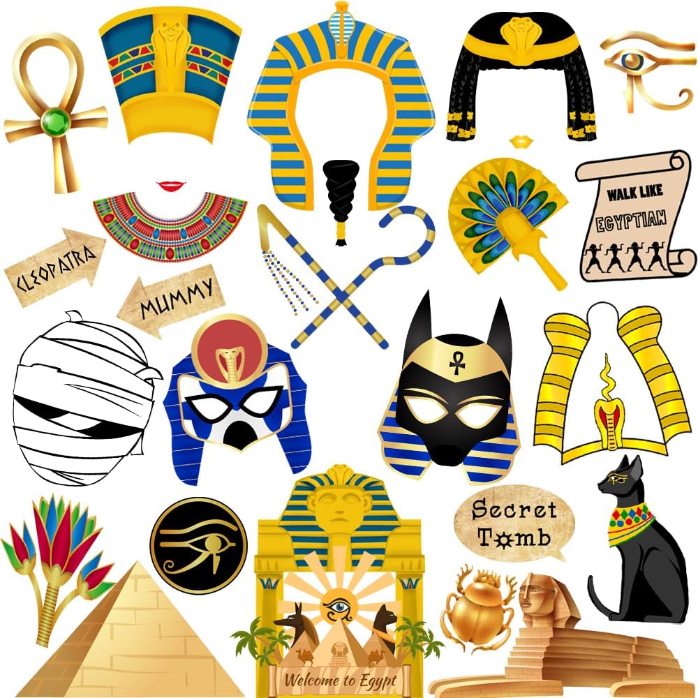 Htabiol Ancient Egyptian Photo Booth Props, 28pcs Egypt Photo Booth Props, Ancient Egyptian Party Decorations, Egyptian Decorations, Fit for Ancient Egypt Party, Ancient Egypt Birthday, Egyptian Decor