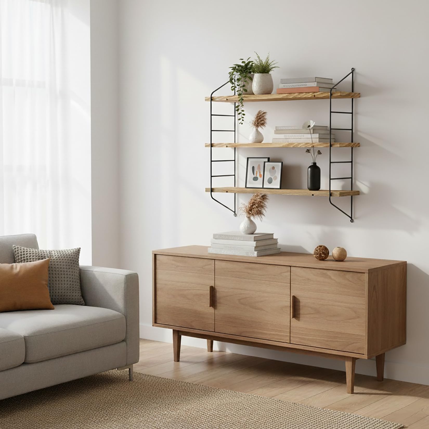 unho Étagère murale flottante, 3 niveaux réglables en bois de pin avec support en métal, 58 × 15 × 54,5 cm