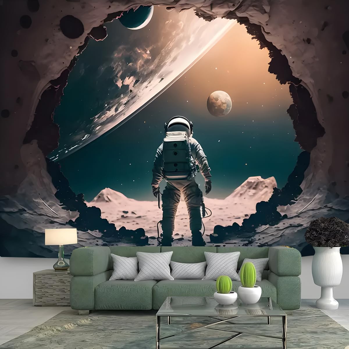 FENDROM Astronaut Tapestry,Spaceman Stands Front Hole With Planet Earth Visible Galaxy Planet Wall Art Wall Hanging Tapestries For Bedroom Living Room Dorm