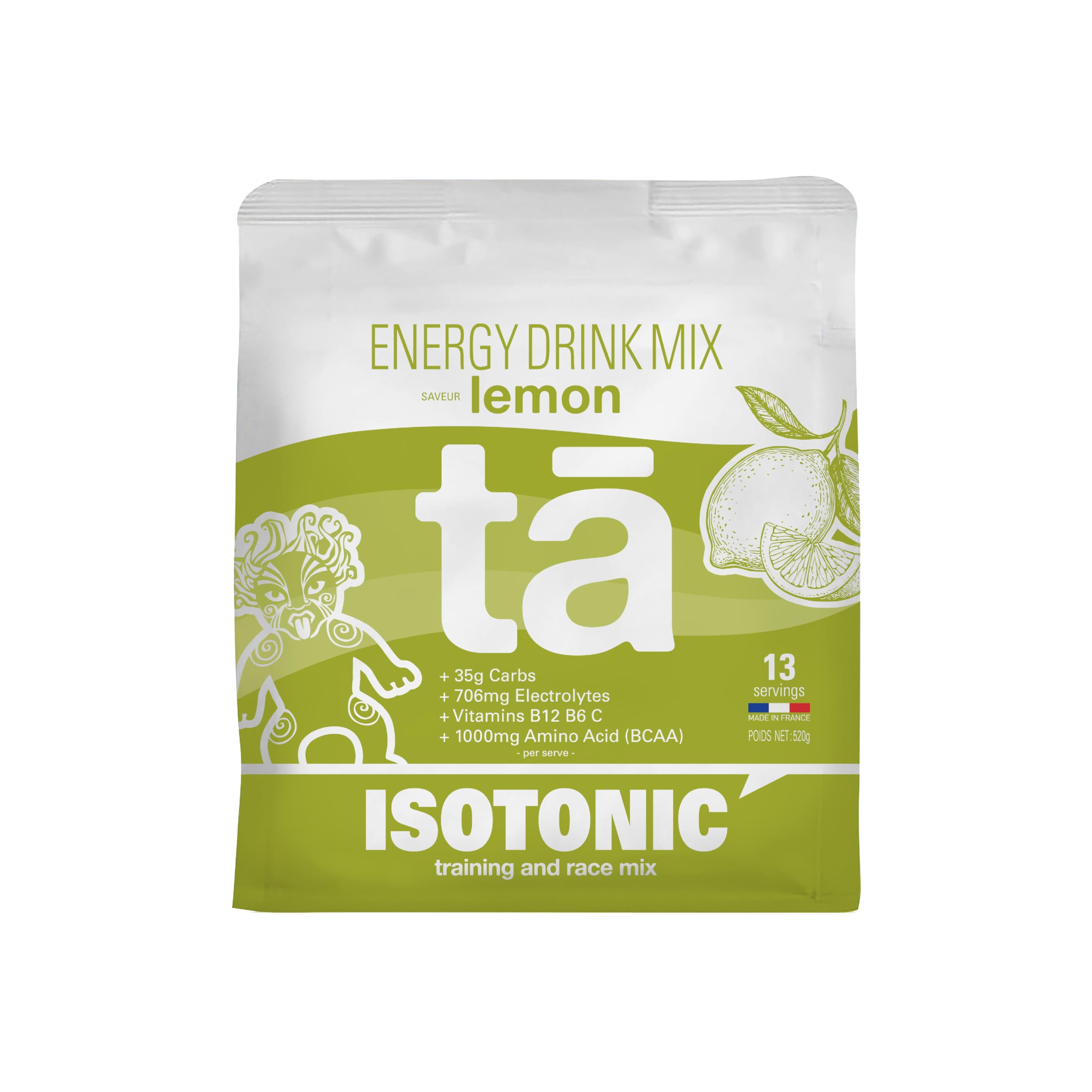 Boisson Énergétique fabriquée en France. Apport en Glucides, Electrolytes (sodium, magnésium, potassium) Vit (C, B6, B12) et BCAA. Sac de 520g soit 13 bidons de 500ml (Citron)