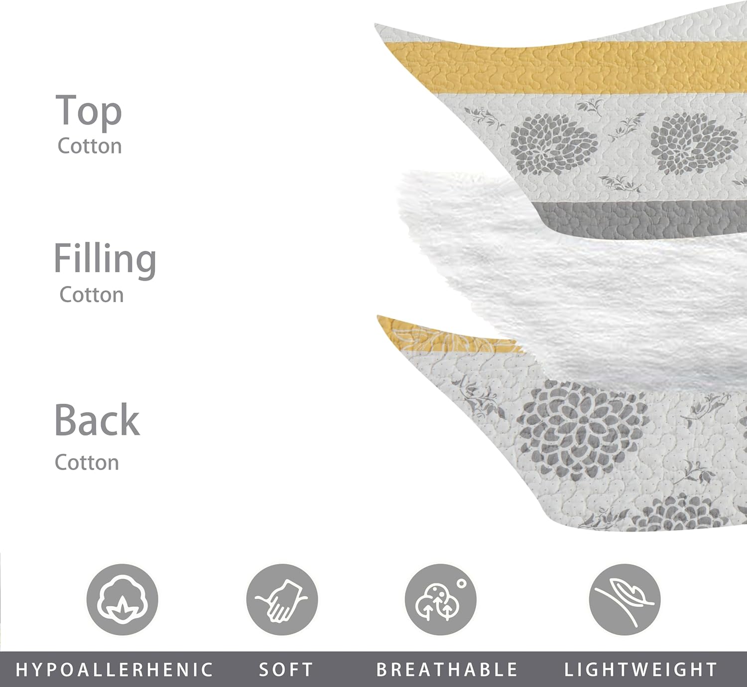Homzard King Size Comforter Set,Floral King Size Quilt Set,Yellow Gray White All Cotton Quilted Bedspread,Striped Flower Pattern Bedding Set,Lightweight Paisley 3 Piece,All Seasons - Image 5