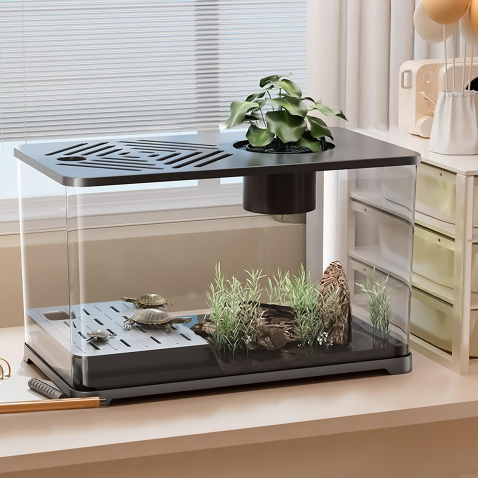 Acuario Acuario Grande Kit Completo de Escritorio | Pecera Moderna Vista Panorámica con Zona Descanso Tortugas para Guppis Bettas Medusas Gambas Pisos Oficina en Casa
