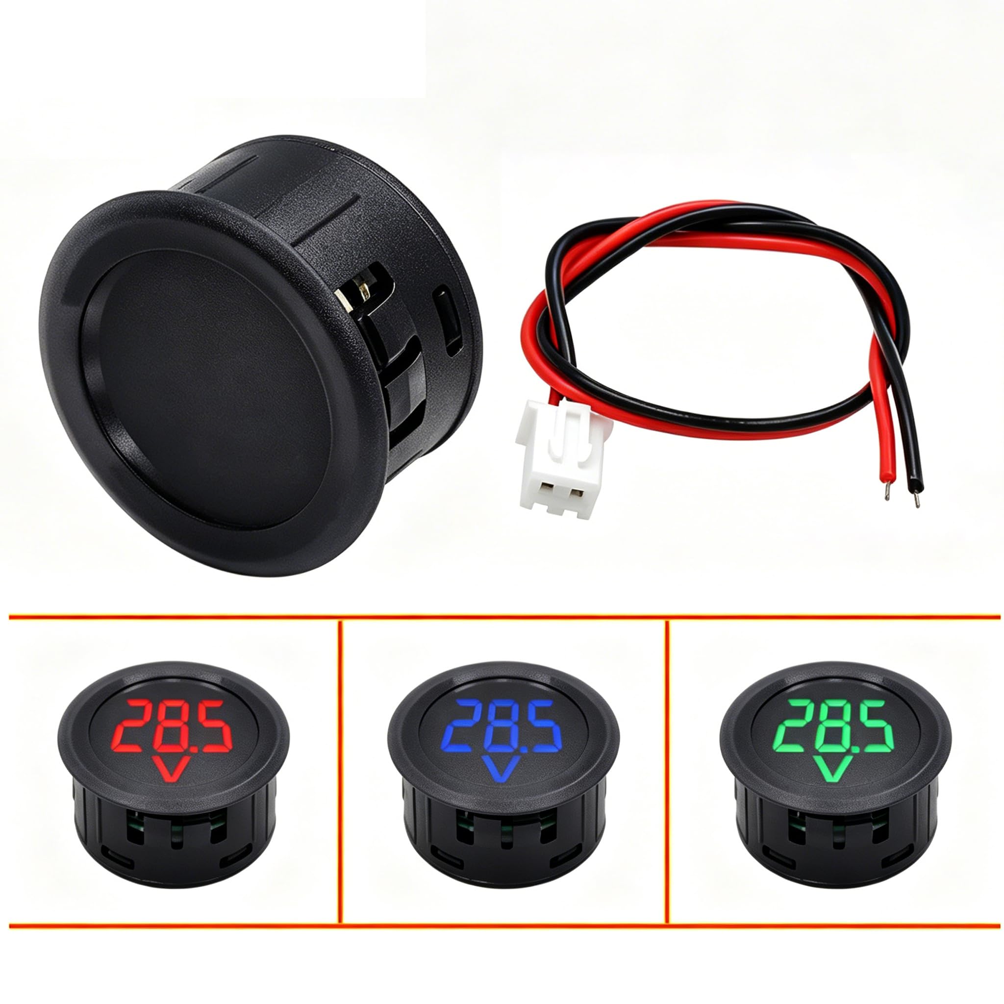 Cyfrowy woltomierz LED 4-100 V DC, okrągły miernik napięcia z wyświetlaczem LED, zestaw 3 szt. w kolorze czerwonym, niebieskim, zielonym