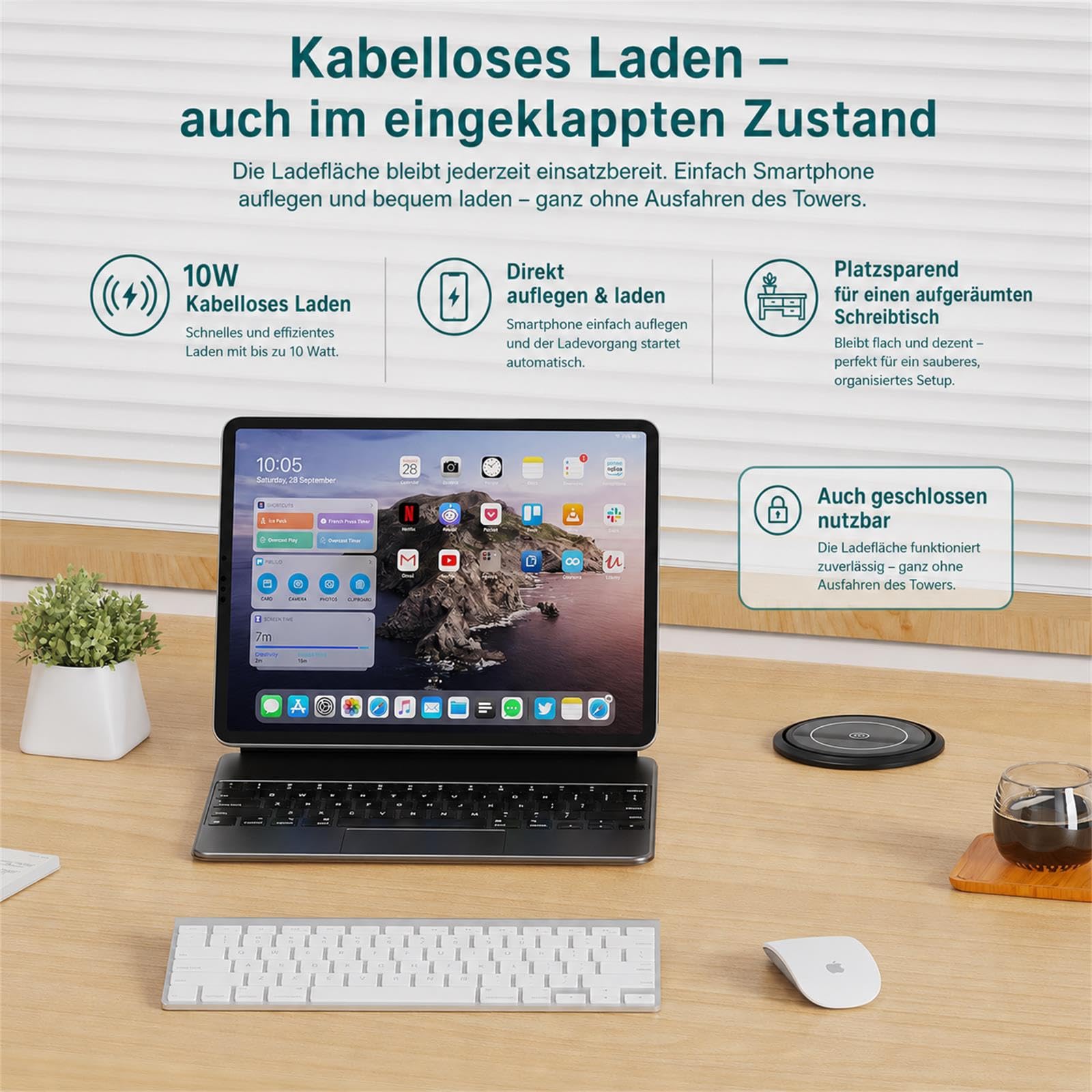 Automatisch Versenkbare Steckdose, Dinolink Tischsteckdose mit 4 Steckdosen, 4 USB Ports, 10W Wireless Charging | Einbausteckdose Versenkbar für Küche, Büro | 1,8m Kabel | Ø100mm