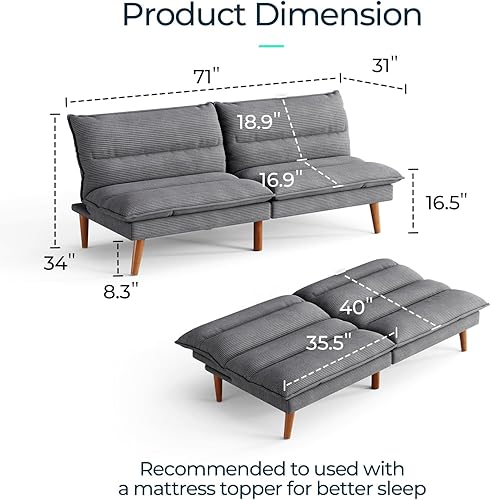 Vista 19 de LINSY HOME Sofá cama tipo futón – Sofá cama de pana convertible con respaldo ajustable, moderno sofá cama pequeño para espacios pequeños, sala