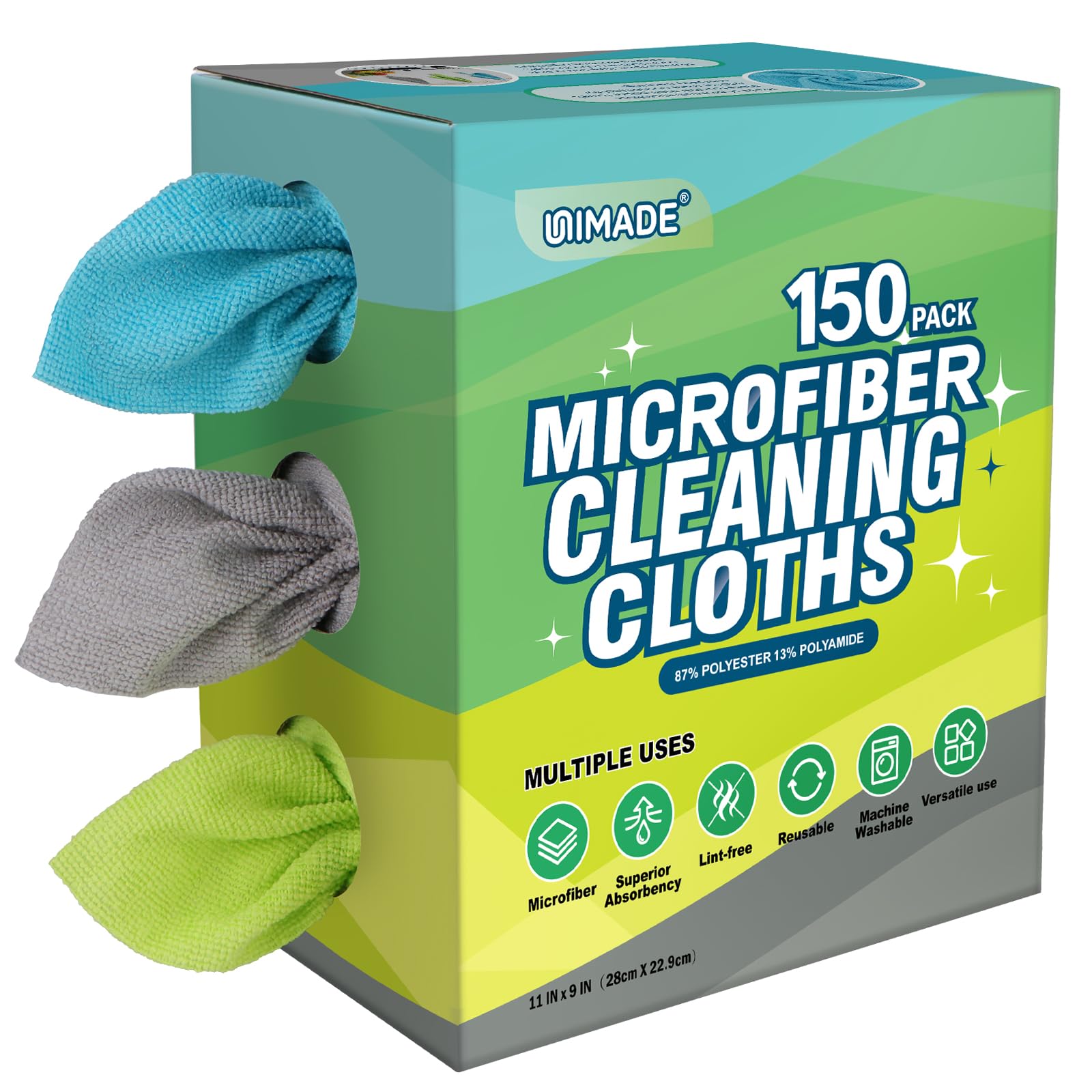 UNIMADE Paño de limpieza de microfibra, paquete de 150 toallas de microfibra reutilizables para autos, sin pelusas, trapos de toalla con caja dispensadora para el hogar, cocina, automóvil, restaurante