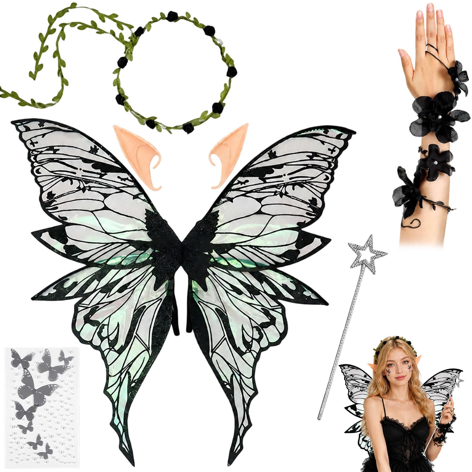 6 Pcs Black Fairy Wings, Fairy Wings Adult Set, Halloween Party Cosplay