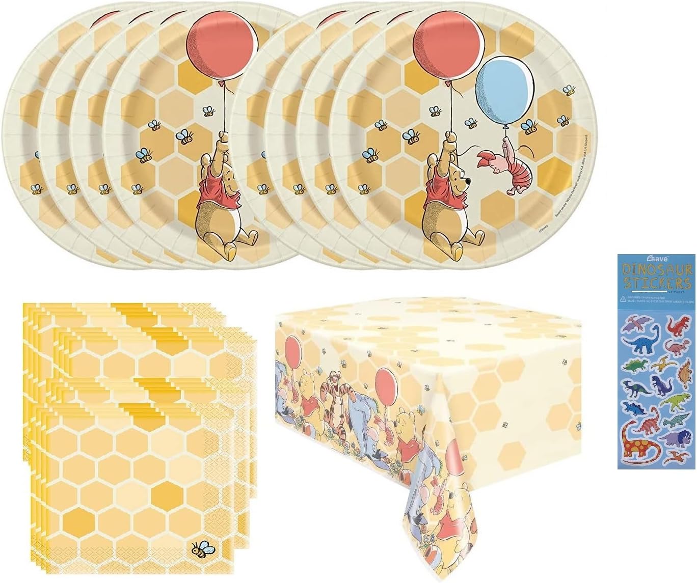 Winnie the Pooh Birthday Baby Shower Party Supplies Bundle Pack includes Dessert Plates, Napkins, Table Cover - Serves 16