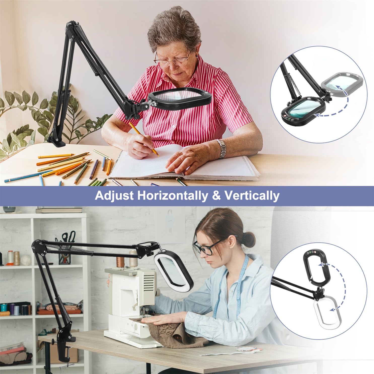 Lupa de 10 unidades con luz y pinza, lupa de cristal real LED con luz y soporte, 5 modos de color regulable para personas mayores, lupa de brazo giratorio manos libres para manualidades, aficiones