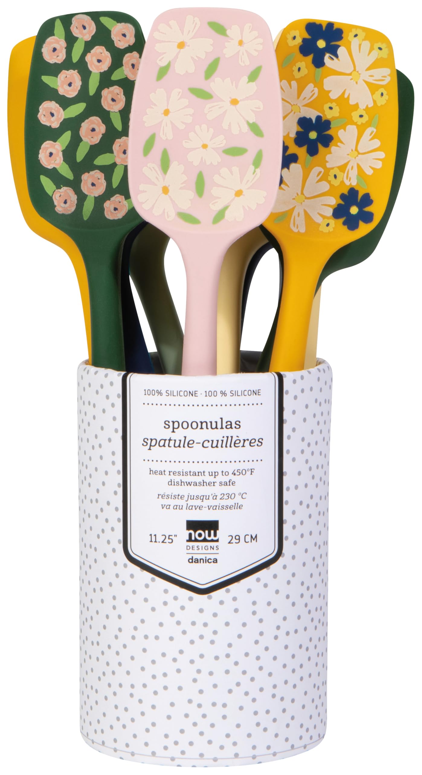 Now Designs Full Bloom Spoonula Counter Display Set of 12, Assorted Silicone Spoonulas, Dishwasher Safe, Heat Safe to 450F, Floral Prints, Compact CDU 3.25" x 4.75"