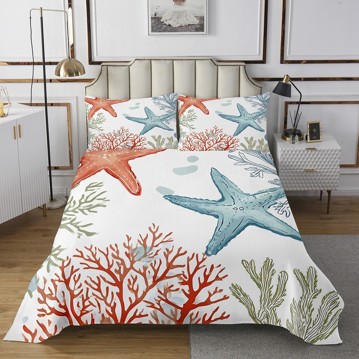 Homewish Couvre-Lit 240x220 Coral D'Étoiles de Mer, Dessus de Lit Thème de L'Océan, Couverture de Lit Peinture À l'huile Vie Marine, Jetés de Lit Monde sous-Marin avec 2 Taies d'oreiller 51x75cm