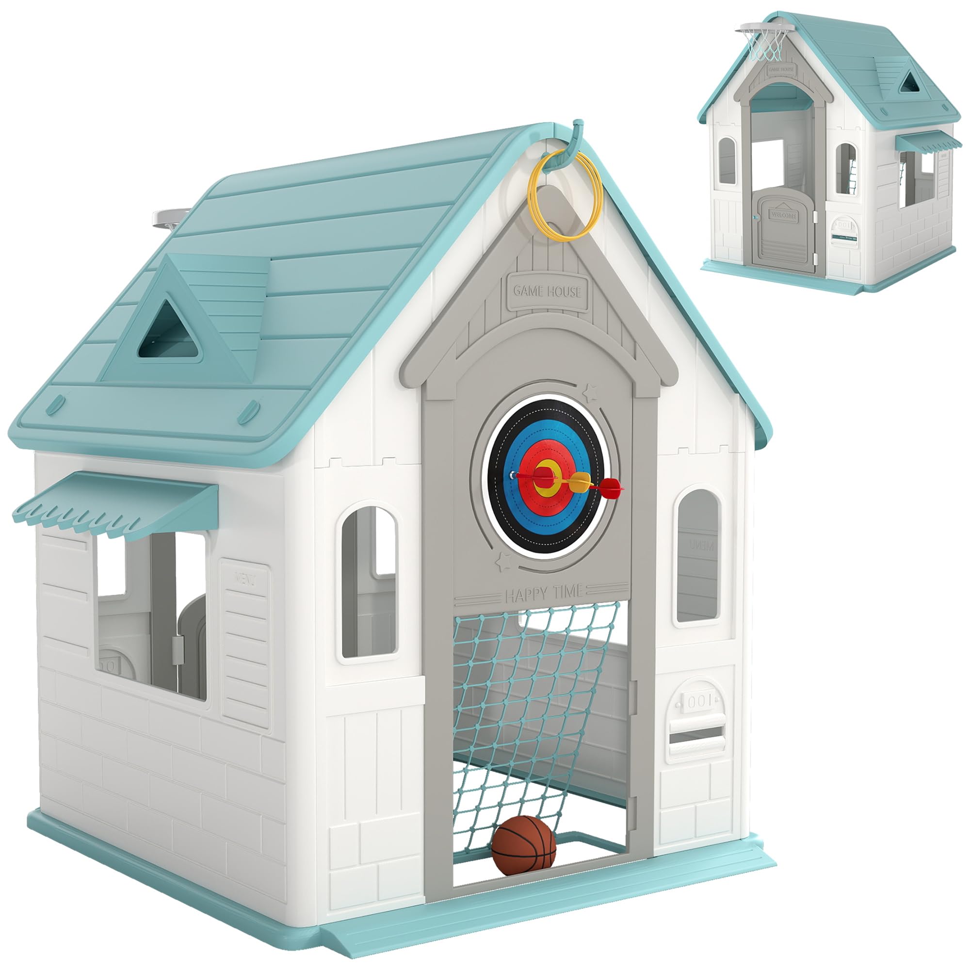 AIYAPLAY Casita Infantil Exterior e Interior 5 en 1, Casita Infantil de Jardín con Lanzamiento de Aros, Baloncesto, Fútbol, Dardos, Casa de Juegos para Niños de 2-​5 Años, Beige