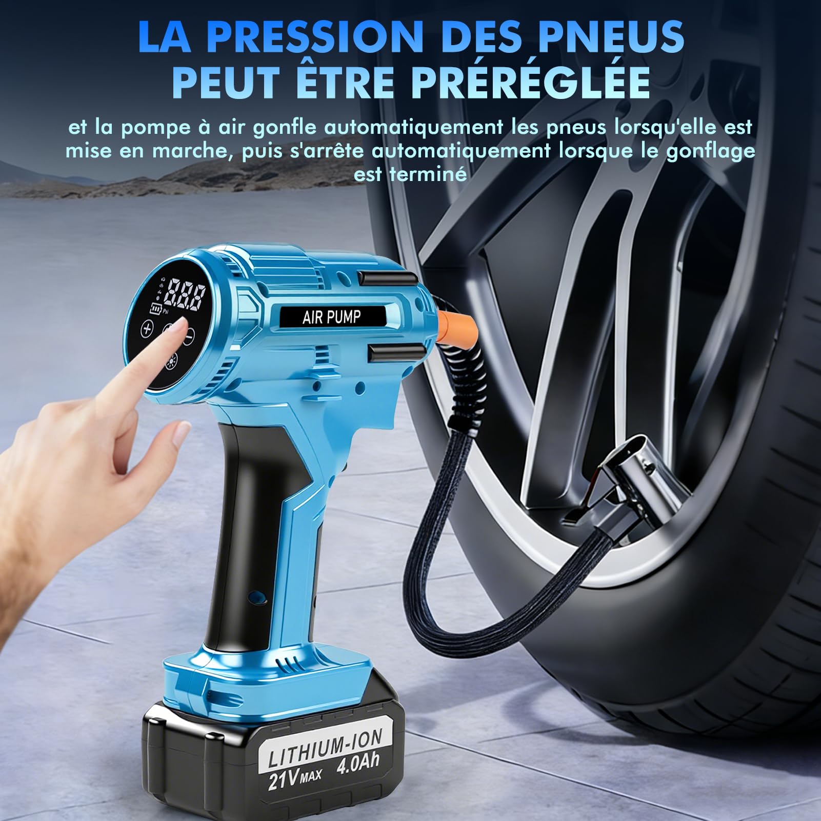 Compresseur à Air Portatif 150 PSI, Gonfleur Pneus Voiture sans Fil avec Manomètre et lampe LED, Pompe à Air Électrique Numérique à batterie 21V, Pompe à Célo, pour Voiture Moto Vélo Ballon