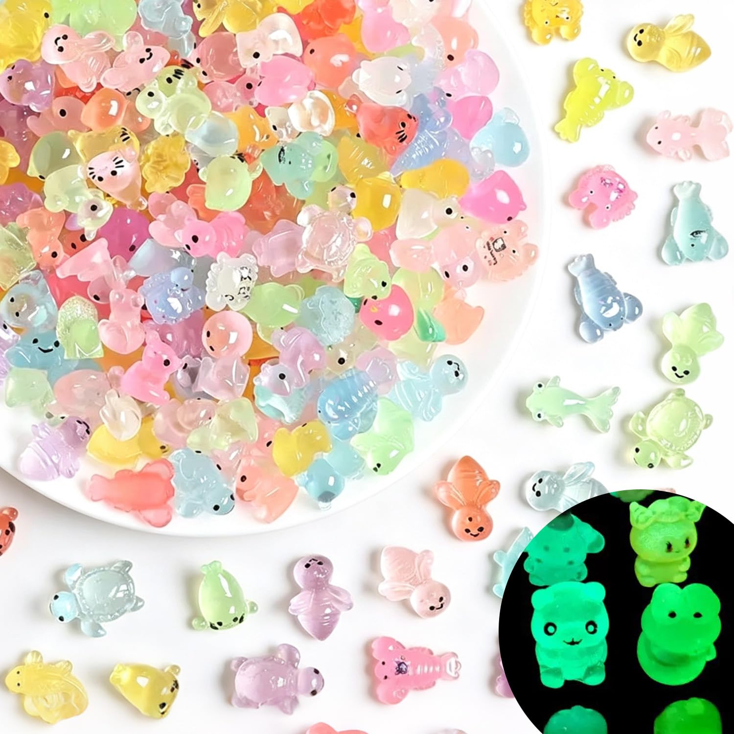 Lonimia 220 PCS Glow in The Dark Mini Resin Animals, Tiny Luminous Ducks Axolotls Frogs & Fairy Garden Miniatures, Small Resin Figurines for Crafts, Micro Landscape, Plant Pot Decoration