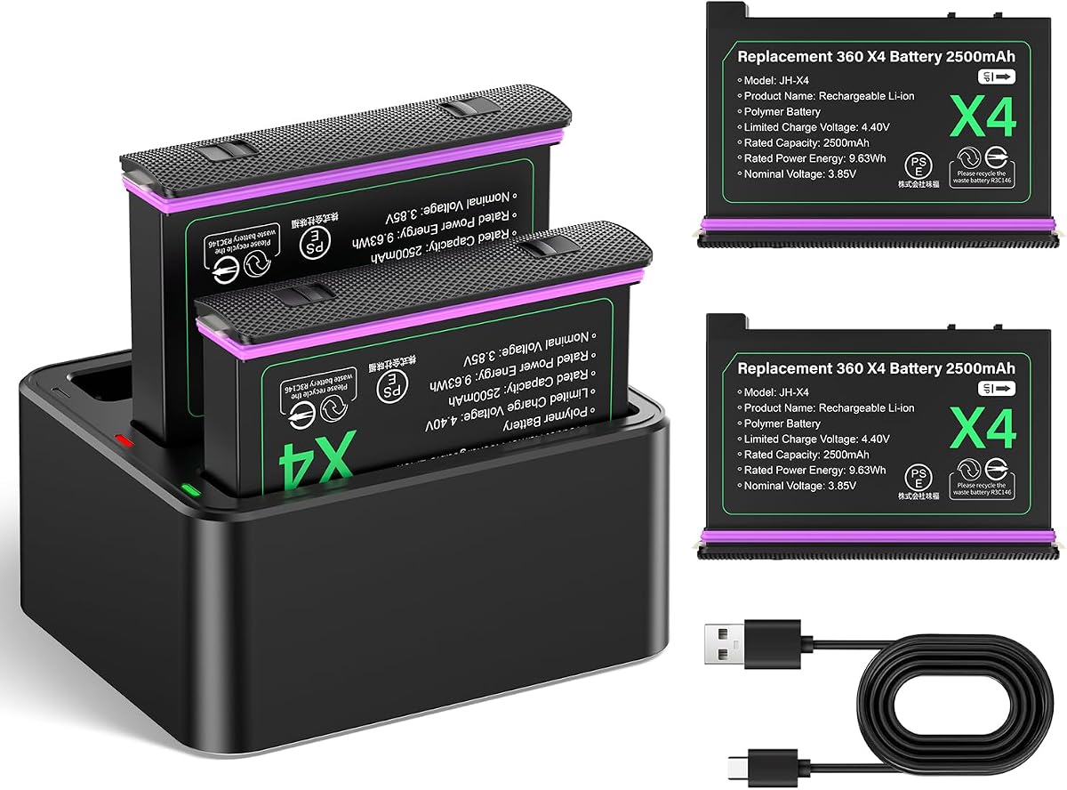 2 Pack 2500mAh Battery with Charge Hub Compatible with Insta360 X4 | Rechargeable Battery 3 Slot Charger Accessories (2 Batteries +1 Charger Hub)