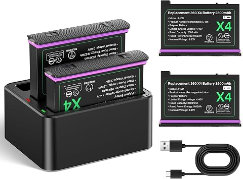 2 Pack 2500mAh Battery with Charge Hub Compatible with Insta360 X4