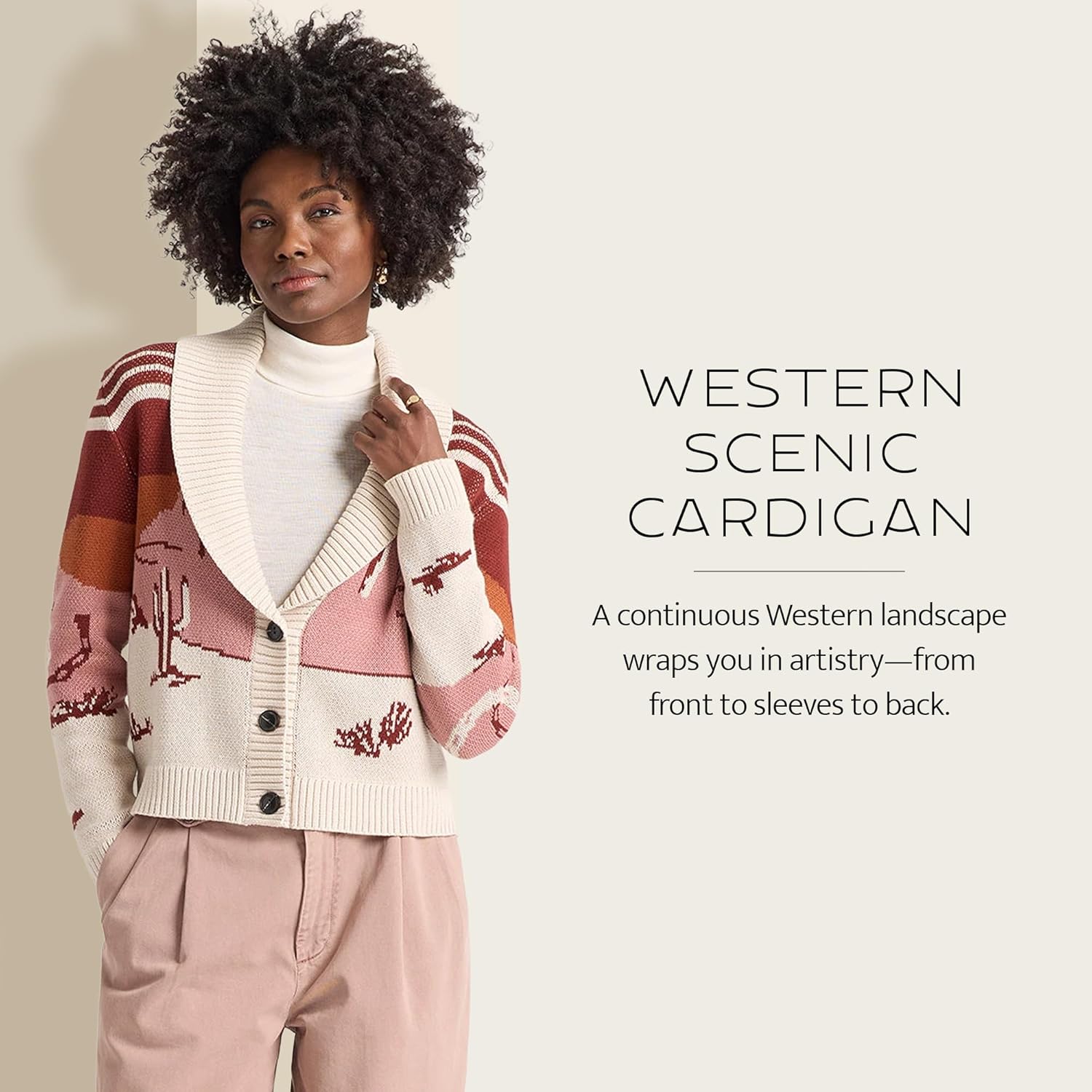 Pendleton Women’s Western Scenic Cardigan - 100% Cotton Knit Sweater Jacket, Ribbed Collar, Washable - Brick/Rose Multi - Image 2