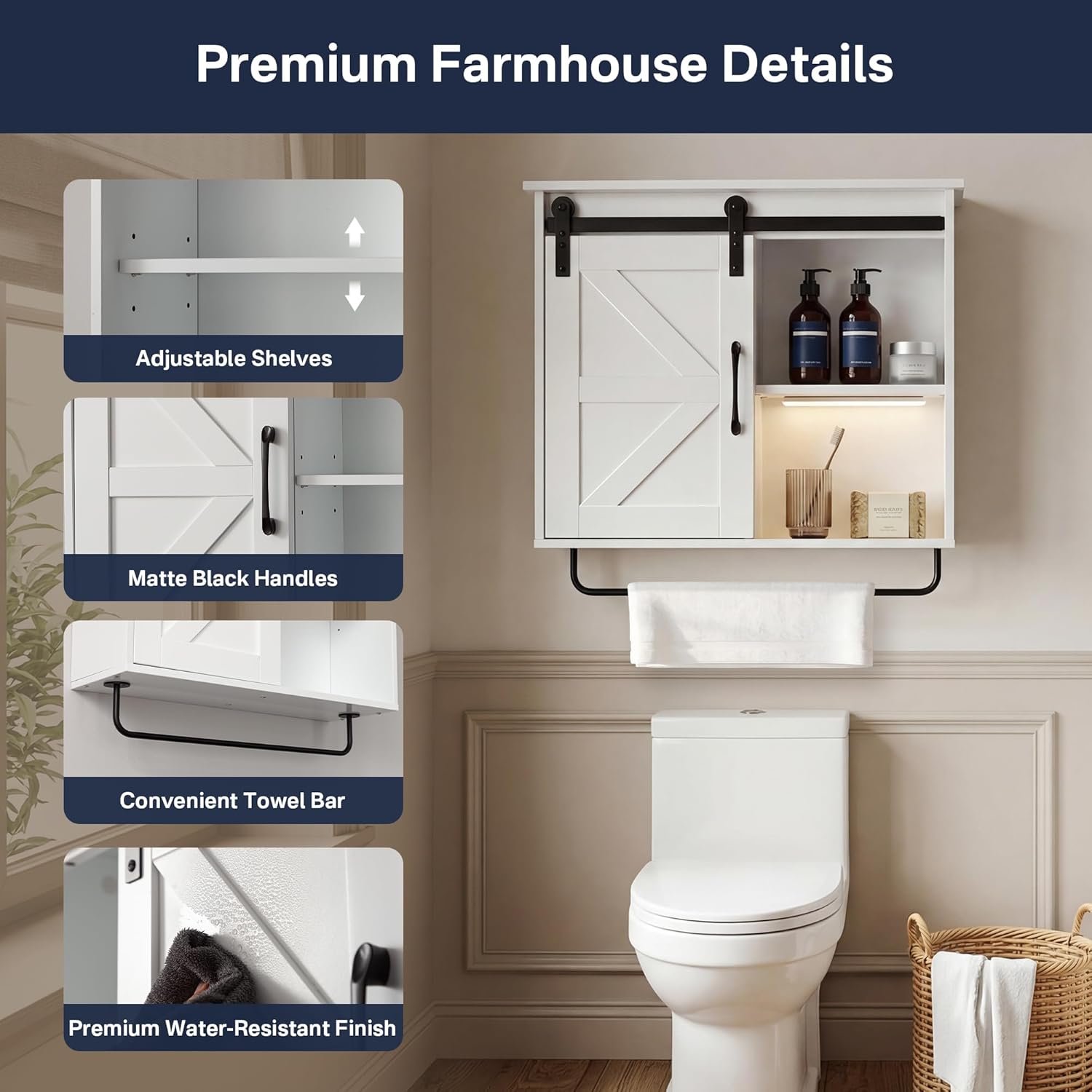 Bathroom Wall Cabinet, 23.6" × 22.7" Farmhouse Medicine Cabinet with Motion LED Light & Towel Bar, Over The Toilet Storage with Sliding Barn Door for Bathroom, Laundry, Living Room, White