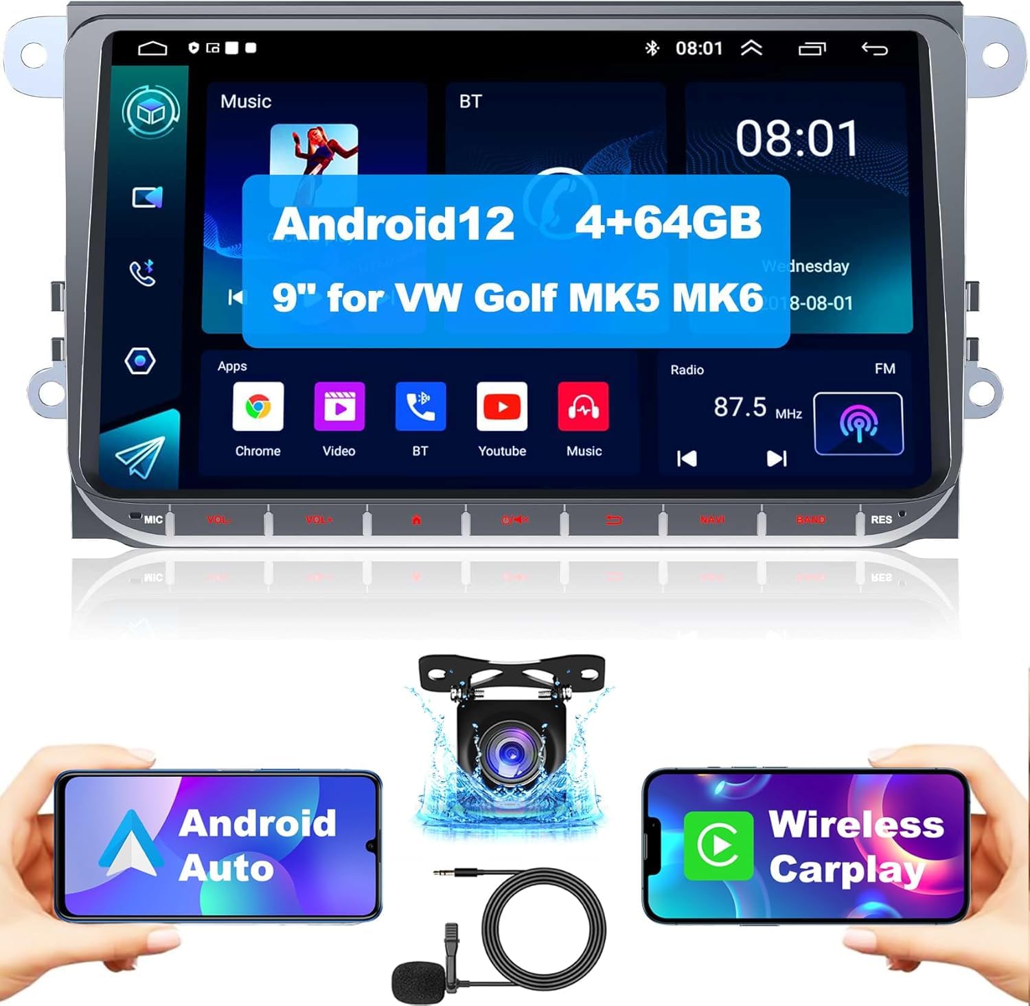 4+64GB Car Radio For VW Passat Golf MK5 MK6, 9 Inch IPS Touch Screen Car Stereo Support Wireless Carplay&Android Auto,Back-up Camera, Bluetooth&Voice Control,GPS Navigation,FM Radio