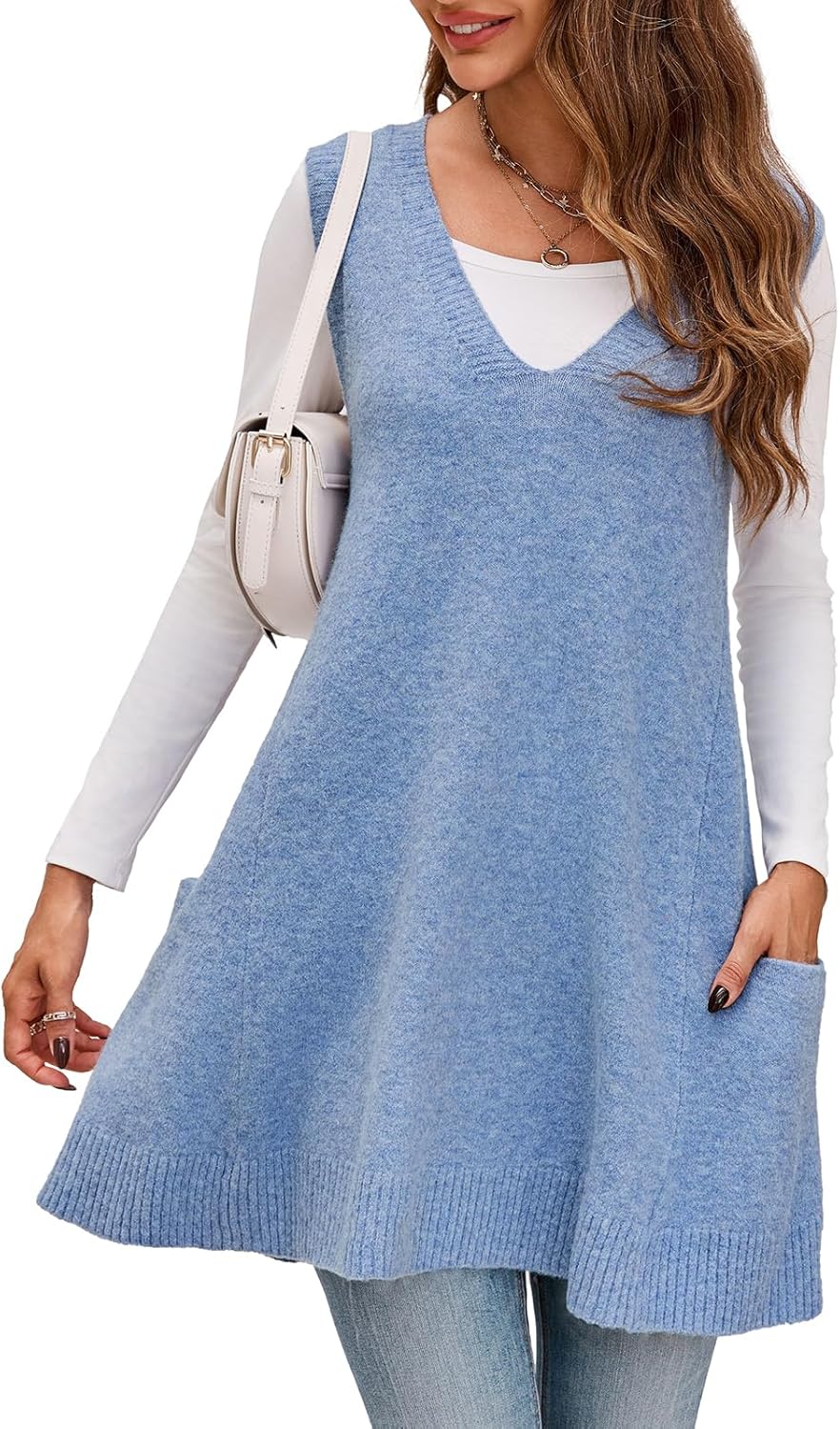Saodimallsu Womens Sleeveless Sweater Vest V Neck Casual Loose Knit A Line Flattering Tunic Top with Pockets - Image 4