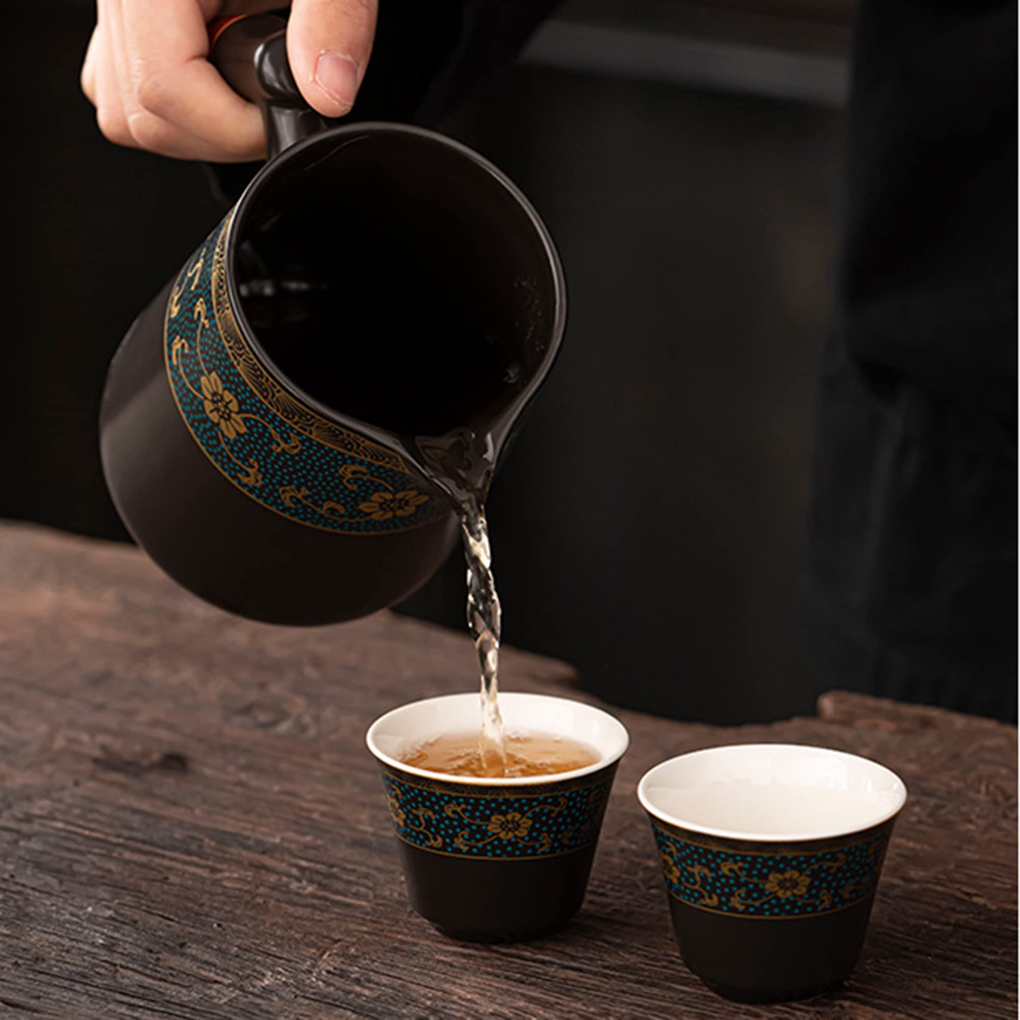 fanquare Czarny zestaw do herbaty Gongfu podróżny, chiński zestaw do herbaty kung fu ze złotym wykończeniem, porcelanowy zestaw do herbaty z przenośną torbą