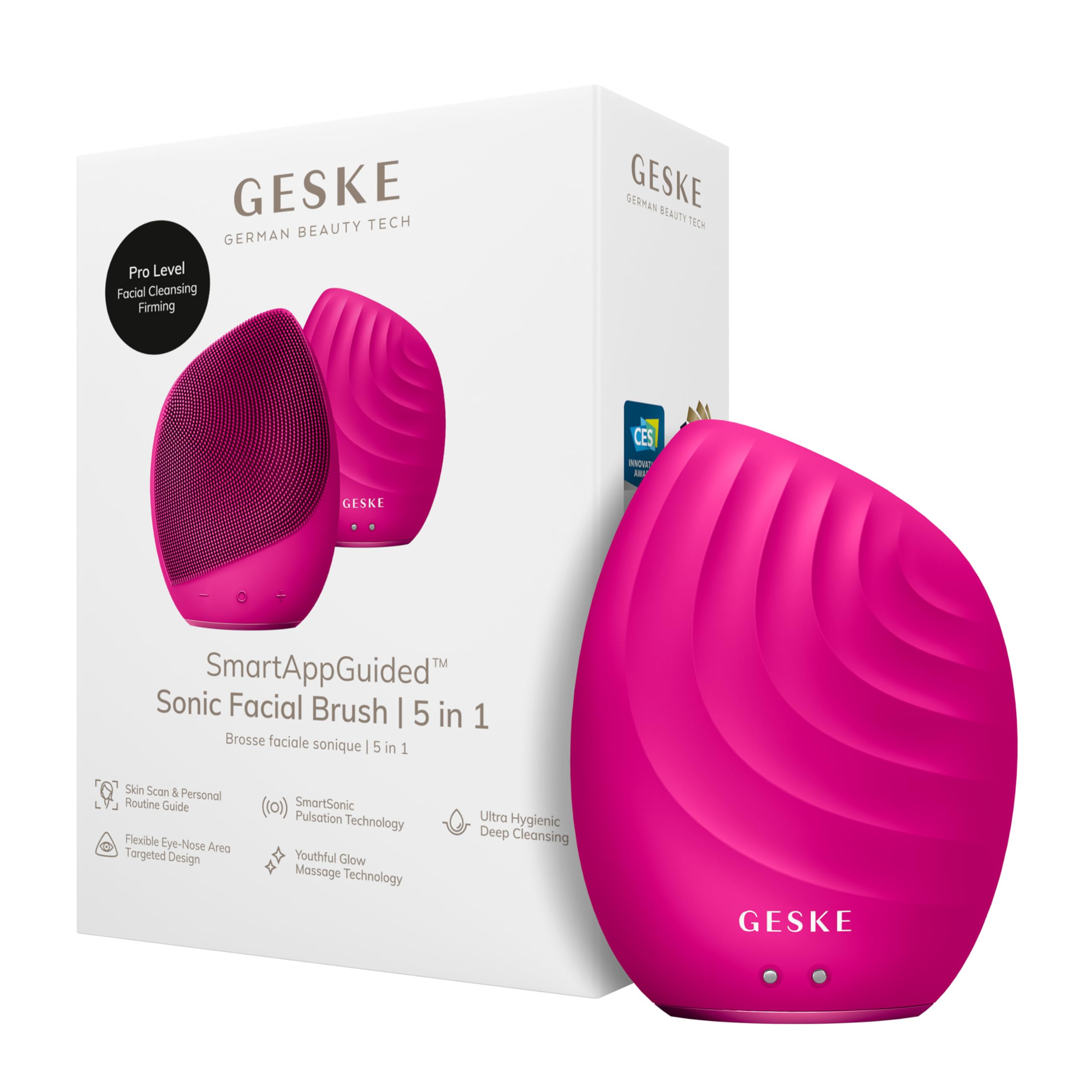 GESKE | SmartAppGuided™ Sonic Facial Brush 5 in 1 | Elektrische Gesichtsreinigungsbürste | Weiche Bürste aus Silikon | Professionelle Gesichtsreinigung | Gesichtsreinigungsgerät | Gesichtsmassagegerät