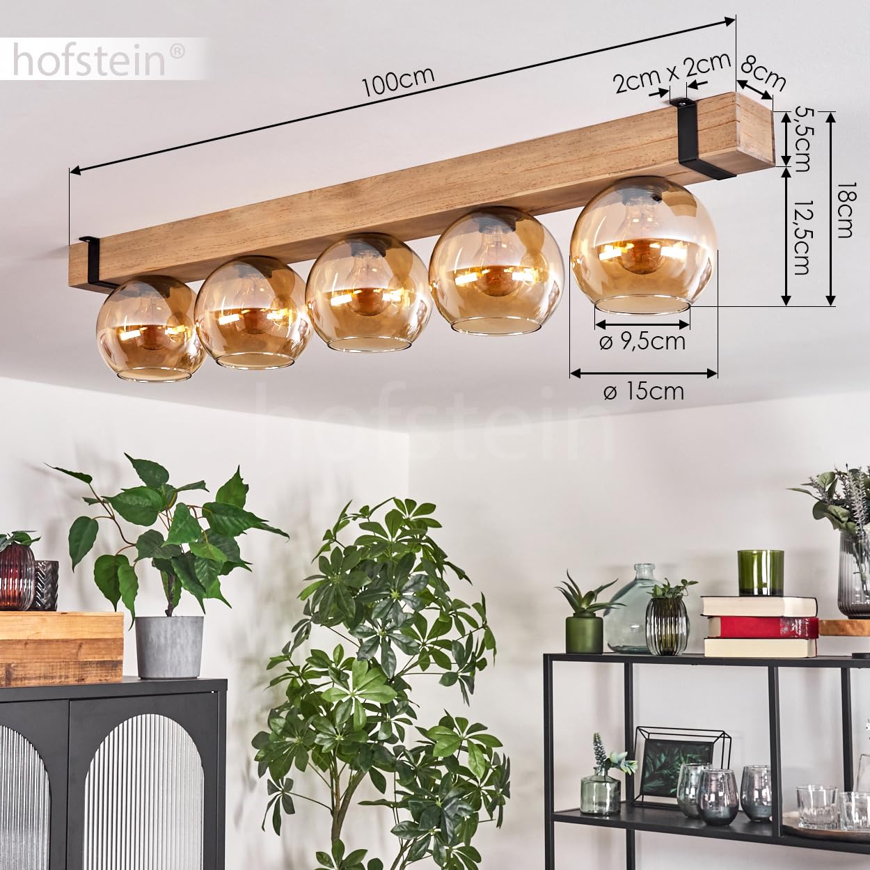 Lampa sufitowa Montgomery, lampa sufitowa z metalu/drewna/szkła w kolorze czarnym/naturalnym/bursztynowym, skandynawski design z drewnianymi belkami (100 cm) i szklanymi kulkami (Ø 15 cm), 5 x oprawka