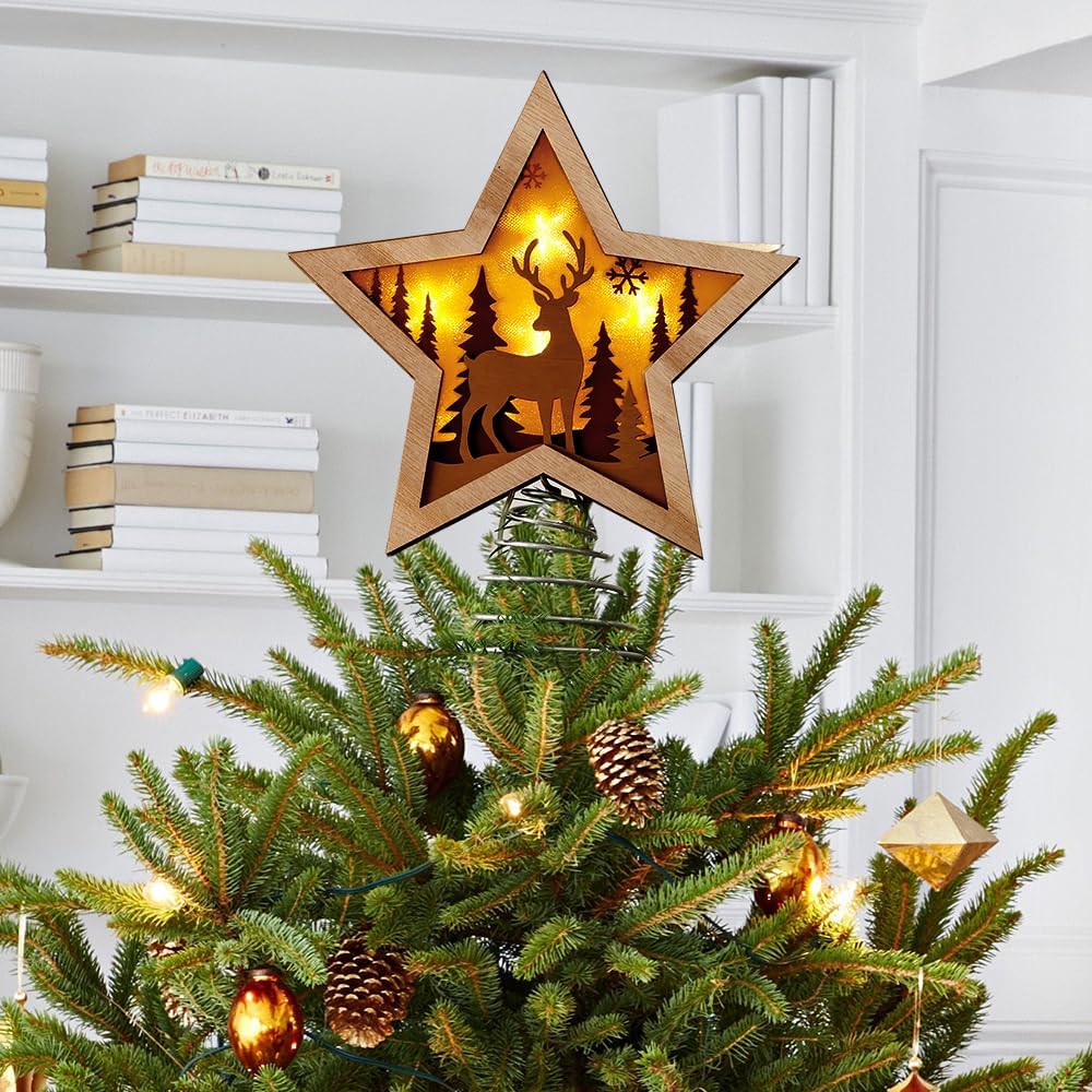 Amazon.com: Treory Christmas Star Tree Topper, Rustic Reindeer
