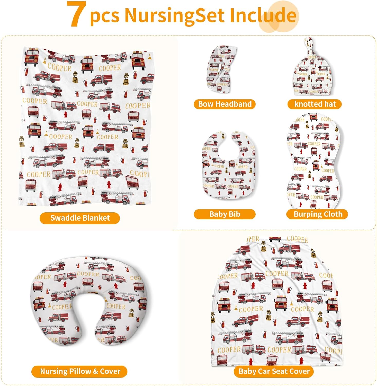 Custom Baby Nursing Swaddling Set: Personalized Custom Name Swaddle Blanket Car Seat Cover Bow Headband Hat Nursing Pillow for Infant Boy Fire Truck Pattern(Fixed Size)