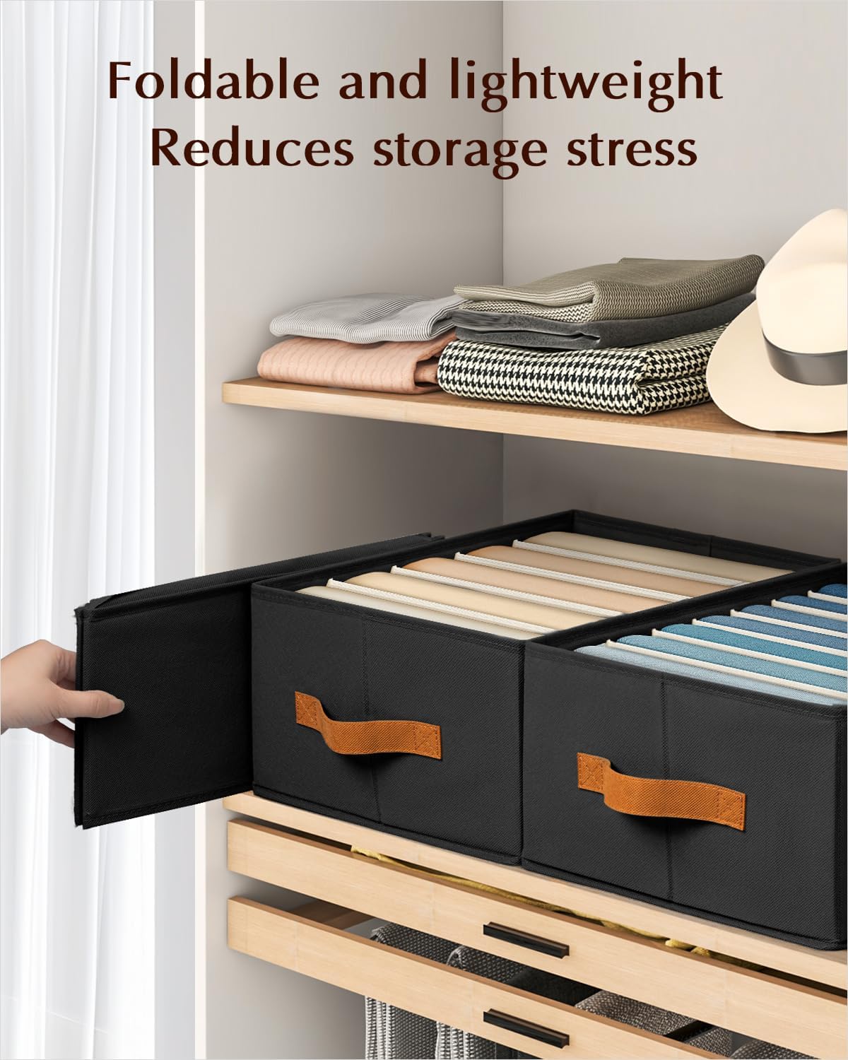 Clothes Organizers and Storage - 4/5/7 Grids Fabric Jeans Organizer with Handles, Foldable Closet Organizers Dividers, Wardrobe organizer for Pant, Sweater, T-shirt, Scarf, 6 Pack, Black