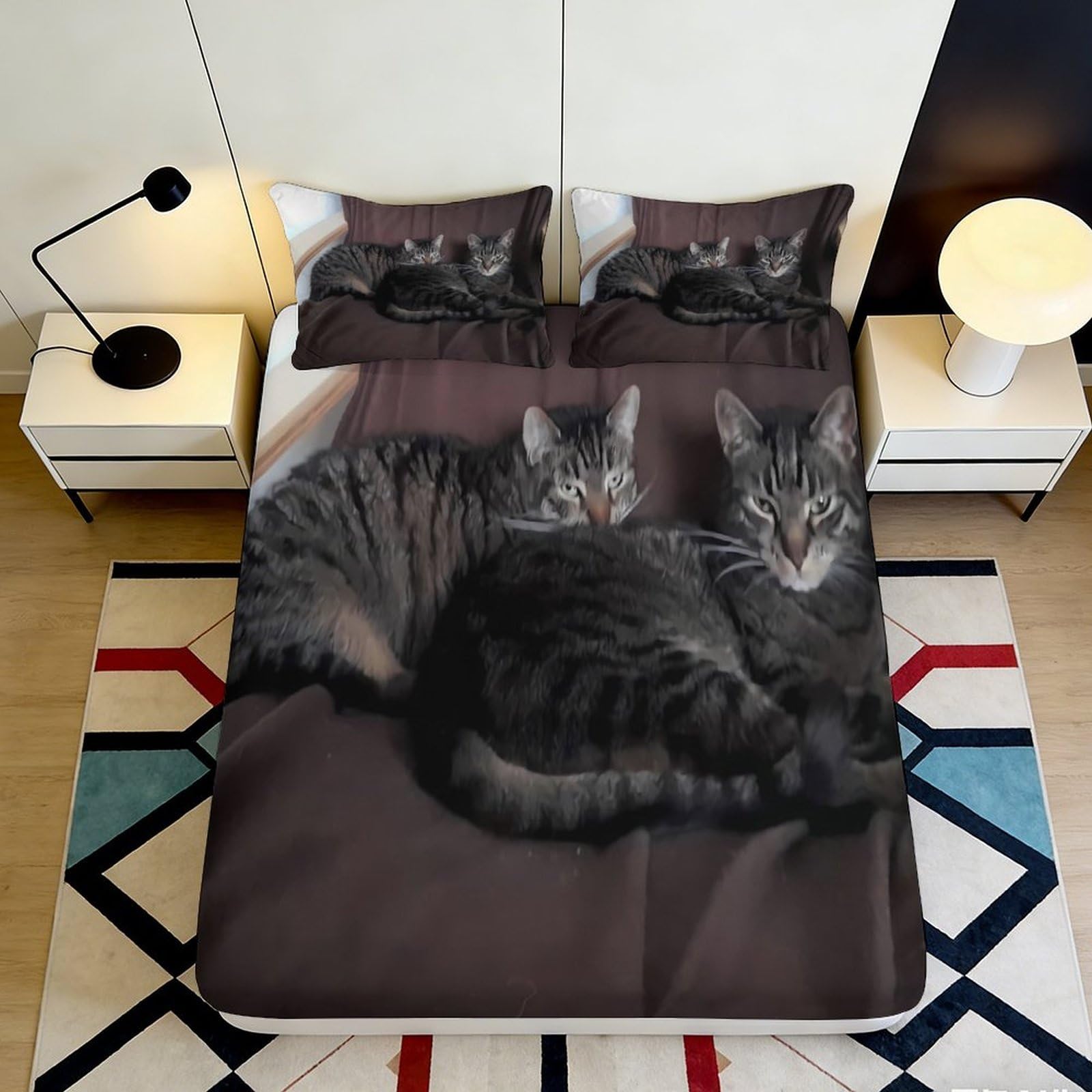 3D Printed Tabby Cat Duo Fitted Sheet Microfiber Non-Slip Bed Cover for Bedroom Guest Room Dorm 3D Art Brown 90x200x25cm