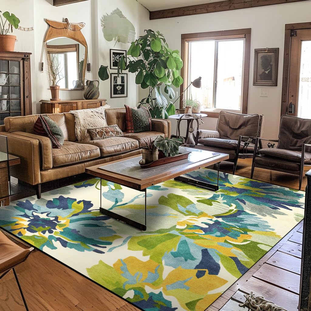 Tapis salon 110x190 cm vert pastoral fleuri lavable