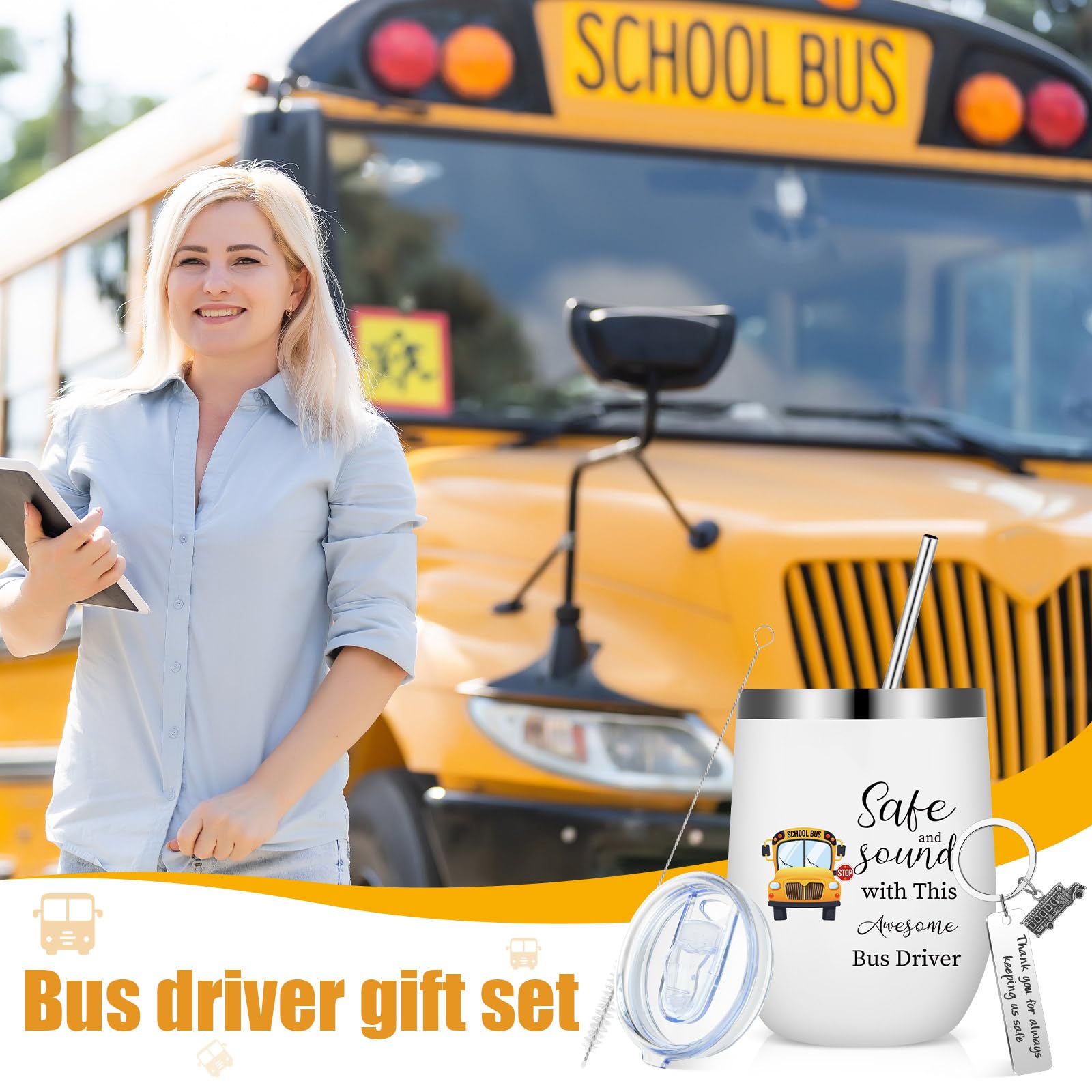 Rtteri 6 Pcs Bus Driver Appreciation Gifts for Men Women School Bus Driver Gifts 3 Stainless Steel Thank You Keychains and 3 Tumbler Cups 12 oz with Lid & Straw