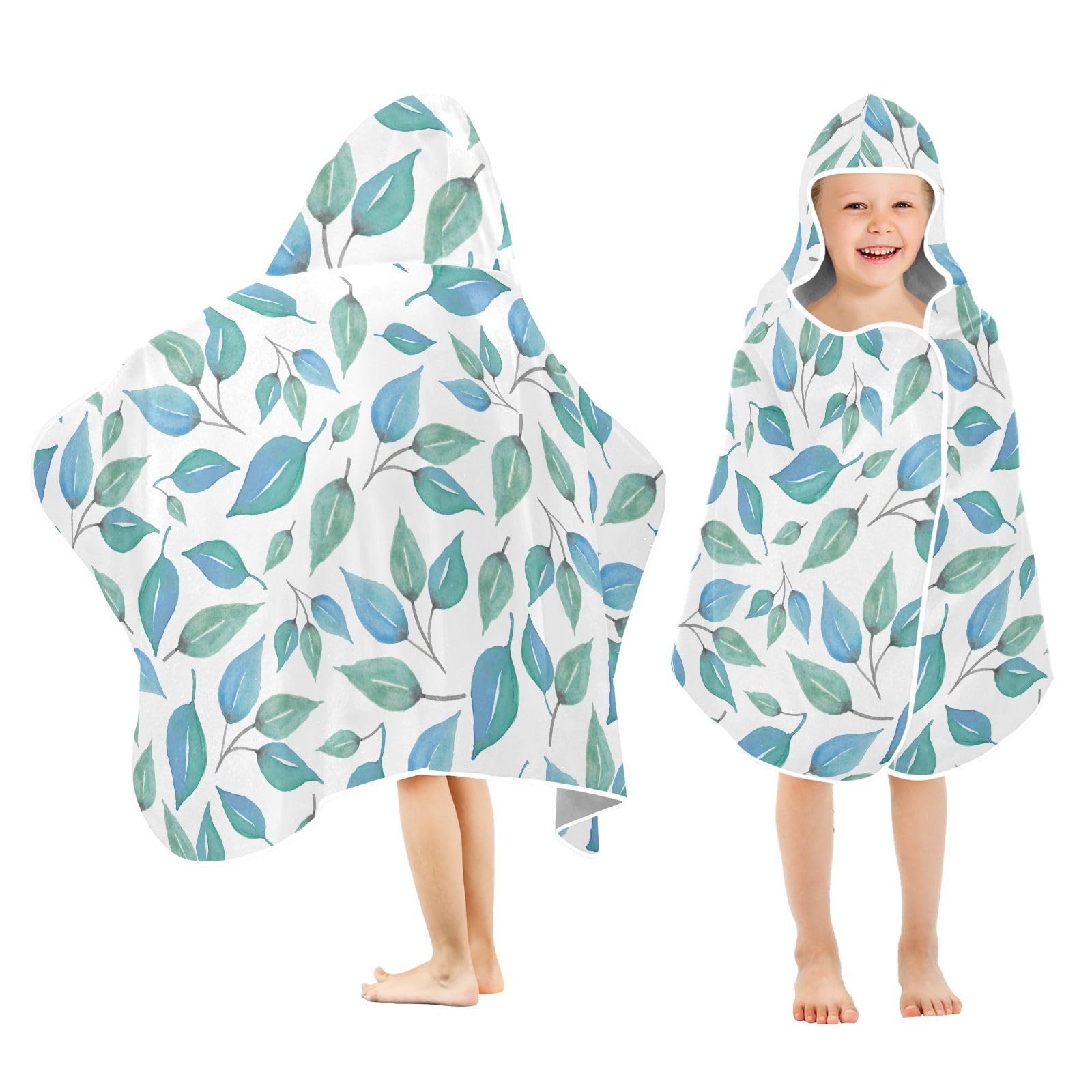 susiyo Kids Hooded Bath Towel Watercolor Leaves Beach Towel for Kids 23.5 x 50 Inch Microfiber Soft Absorbent Quick Dry Bath Swim Pool Towel Wrap Poncho Bathrobe with Hood for Kids Toddler