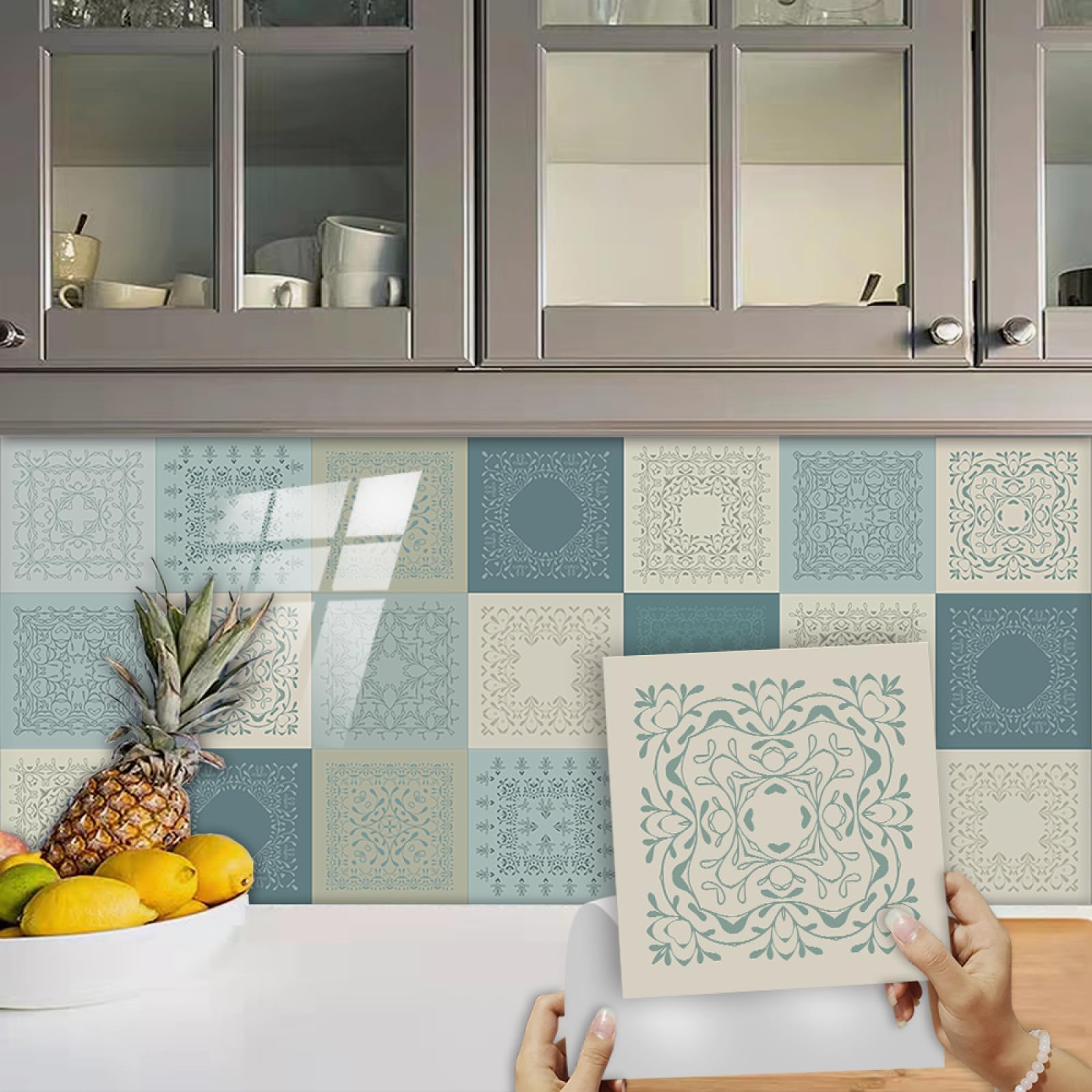 Stick on Tiles Duck Egg Blue Mandala Tile Stickers PVC Self Adhesive Wall Tiles Heat Resistant Peel and Stick Floor Tiles Kitchen Stick on Wall Tiles Bathroom Kitchen 20x20cm/10 Pcs
