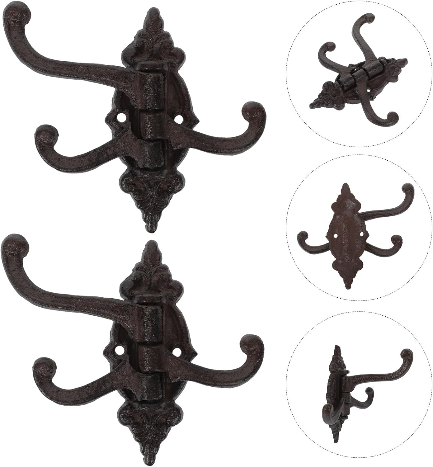 Rustic Cast Iron Wall Hooks with Swivel Arms 2pcs, Vintage Decorative Coat and Bag Hangers for Entryway, Bathroom, and Hallway Storage