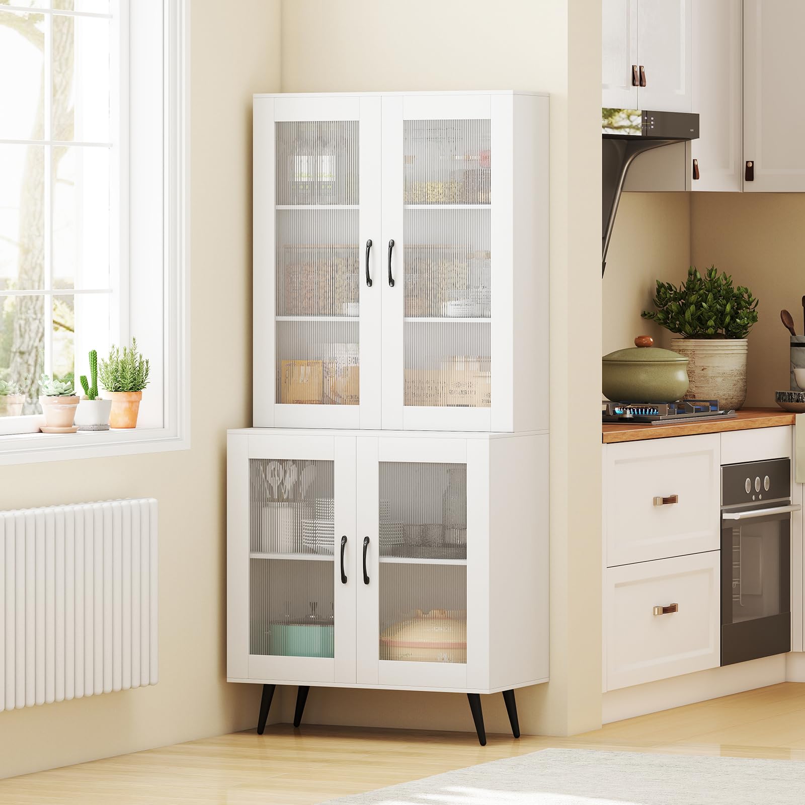 RELAX4LIFE Dispensa Cucina, Credenza Autonoma con Ante Traslucide & Ripiano Regolabile, Armadio Alto Moderno per Soggiorno, Sala da Pranzo, Ufficio a Casa, 80 x 40 x 178,5 CM, Nero/Bianco (BIANCO)