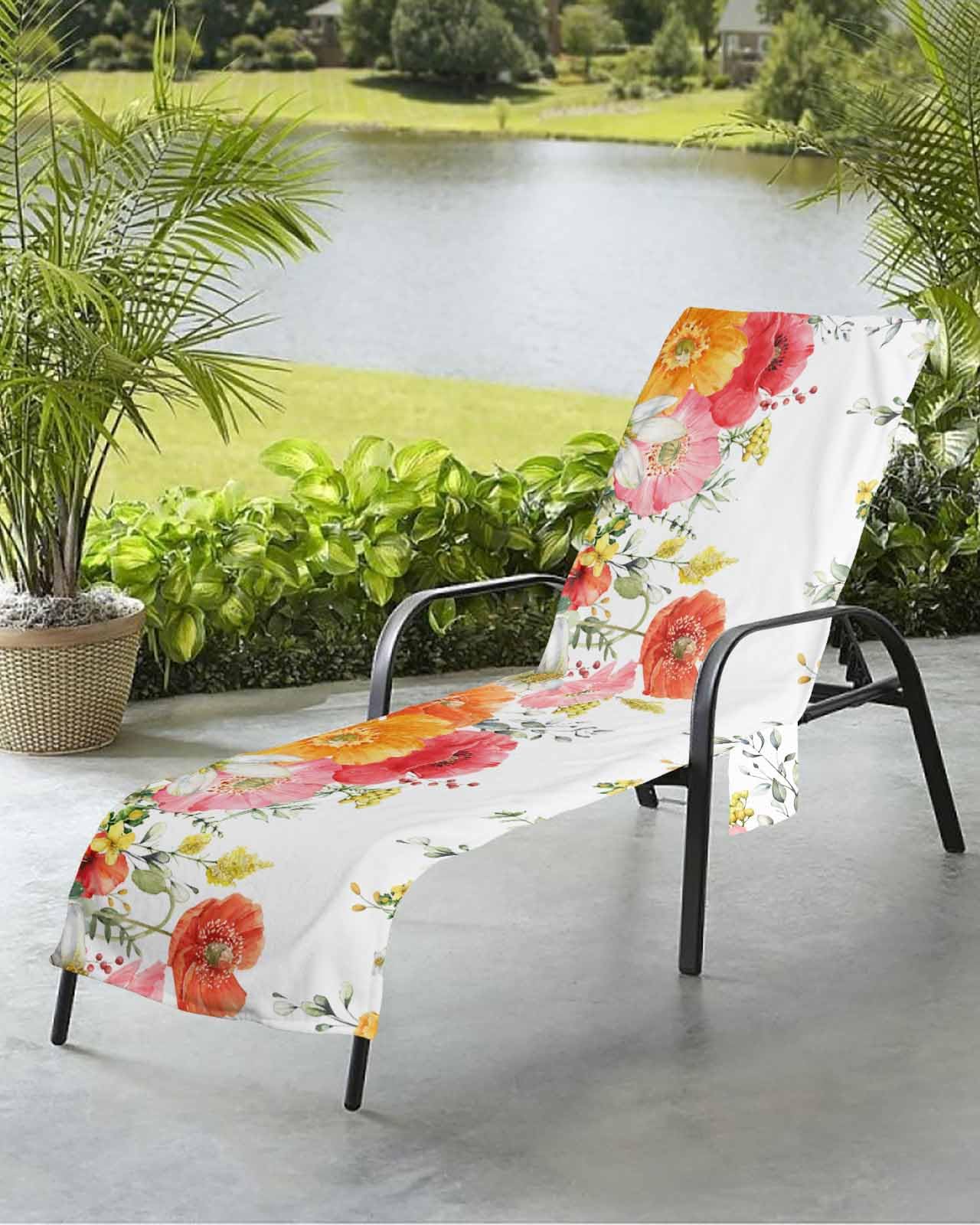 Eucalyptus Tulip Beach Chair Towel Covers for Chaise Lounge With Side Pocket, Soft Plush Pool Towels Cover for Patio Sunbathing Outdoor 29''x85'' Watercolor Flower Simple White