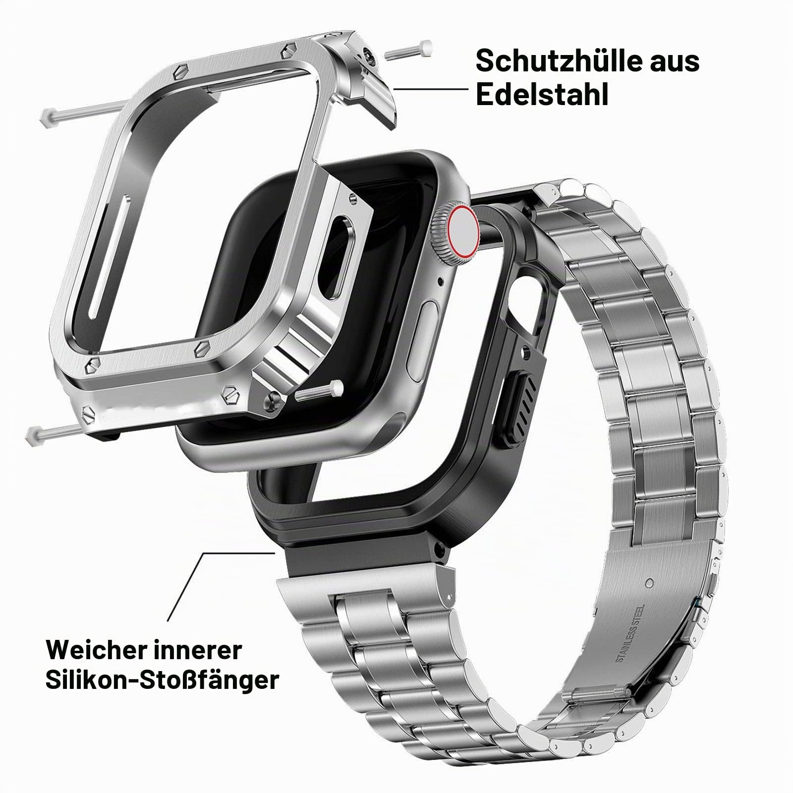 HASLFM Kompatibel mit Apple Watch Armband 45mm Series 9/8/7, Robustes Edelstahl Metall Ersatz Armband mit Gehäuse Cover für iWatch 45mm Series 9/8/7 für Männer, Silber