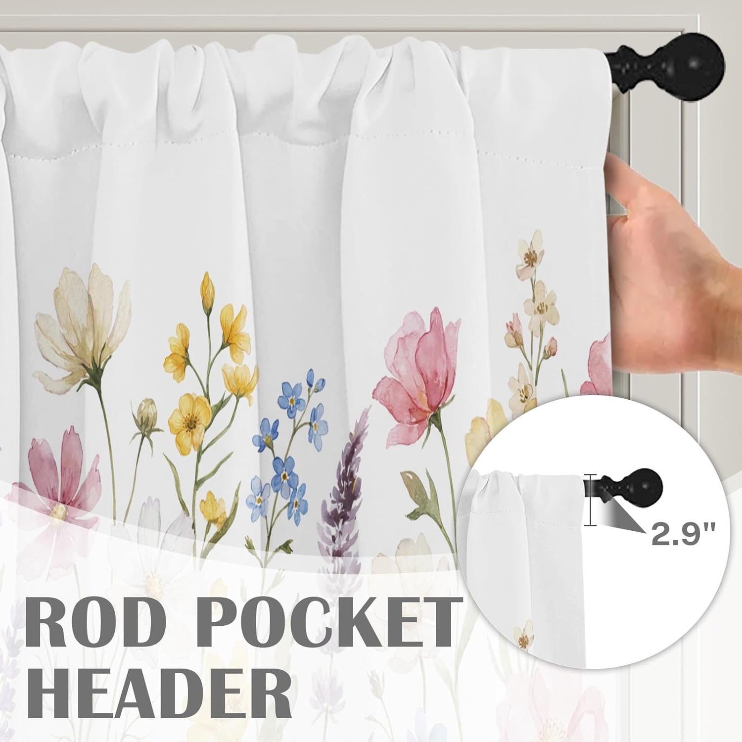 Emvency 4 Pack Valances Window Treatments, Spring Wildflower Flower Blackout Adjustable for Living Room Bathroom Bedroom Kitchen Over Sink, 52x18 Inch Rod Pocket Valances