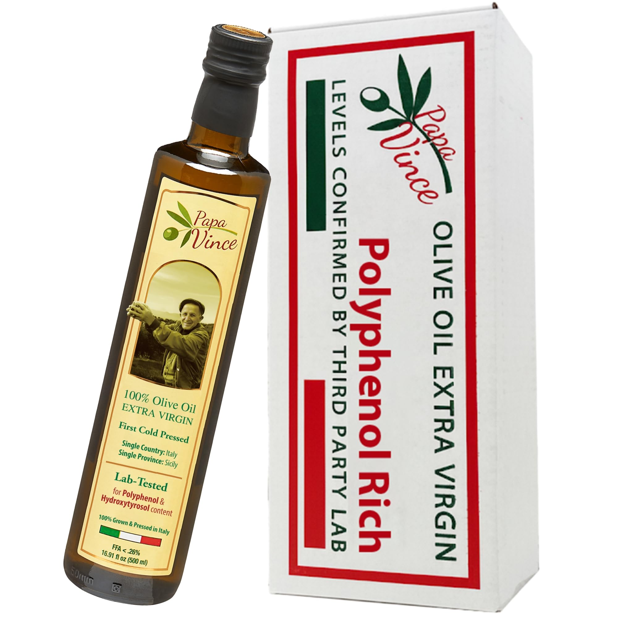 Papa Vince Olive Oil Extra Virgin - First Cold Press Family Harvest 2024/25, Polyphenol Rich, Subtle Peppery Finish, Unrefined, High in Monounsaturated Fat, No Pesticides, No GMO, Sicily, Italy