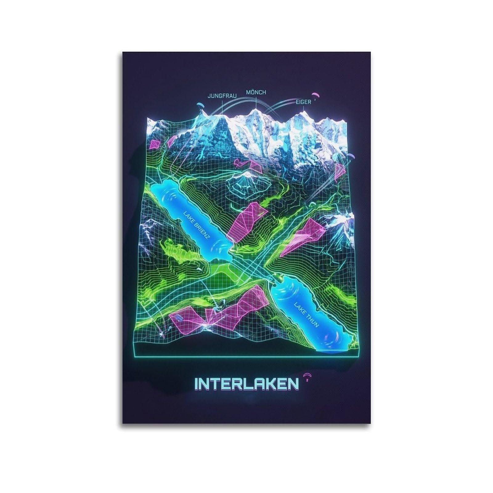 OKAHYS Travel Poster Switzerland Interlaken Paragliding Modern Decorative Canvas Prints - Ideal Wall Art for Family, Man Cave, Game Room, Boys & Girls Bedroom 12x18inch(30x45cm)