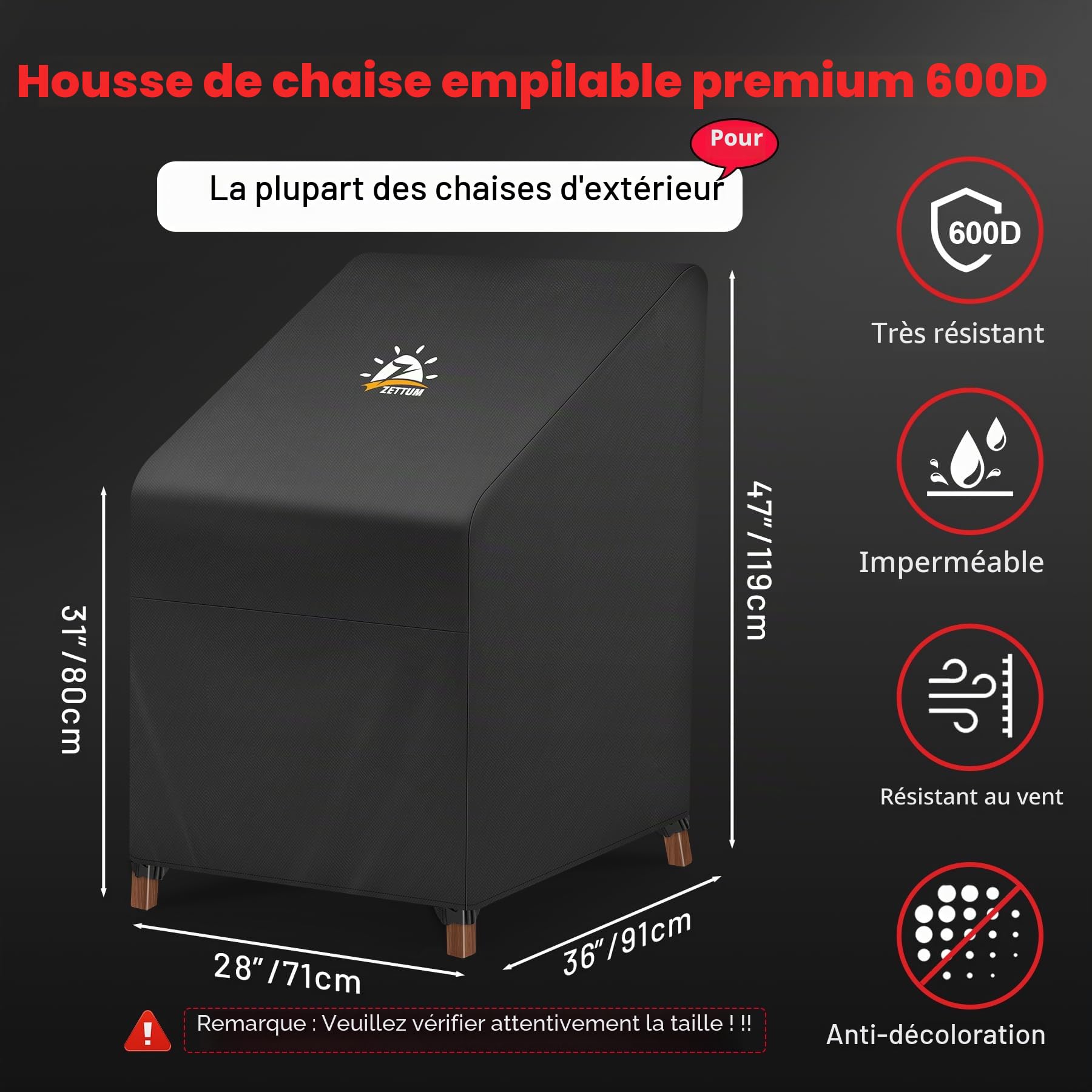 Zettum Housse imperméable et résistante à l'hiver - Polyuréthane Oxford 600D anti-UV - Meubles de jardin - 71 x 91 x 80/120 cm