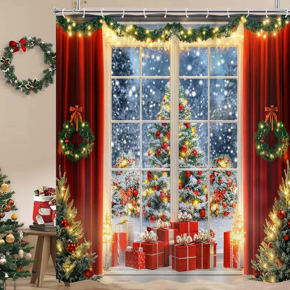 Winter Christmas Farmhouse Shower Curtain, Rustic Window Scene Glitter Xmas Tree Holiday Bathroom Bathtubs Decor, Fabric Shower Curtain Sets with Hooks, 72x72 inch