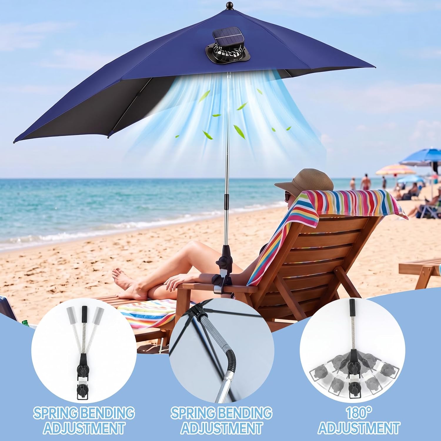 Beach Chair Umbrella with Adjustable Clamp & Solar Fan, UPF 50+