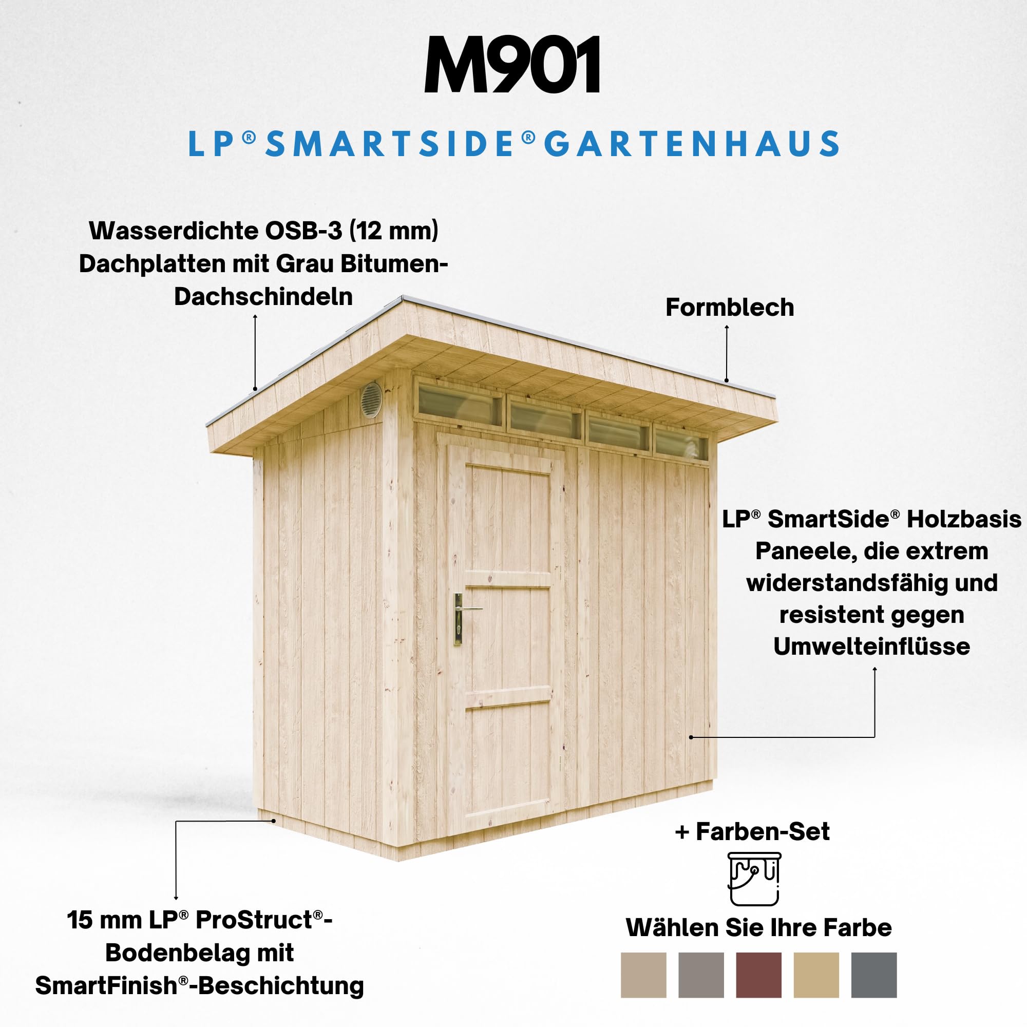 Domek ogrodowy 3m² - Dł. 161xSz. 294cm - Zestaw all-inclusive z podłogą, dachówką bitumiczną, zestawem do malowania - Wykonany z płyt drewnopochodnych LP Smartside - M901 TUNDRA GREY
