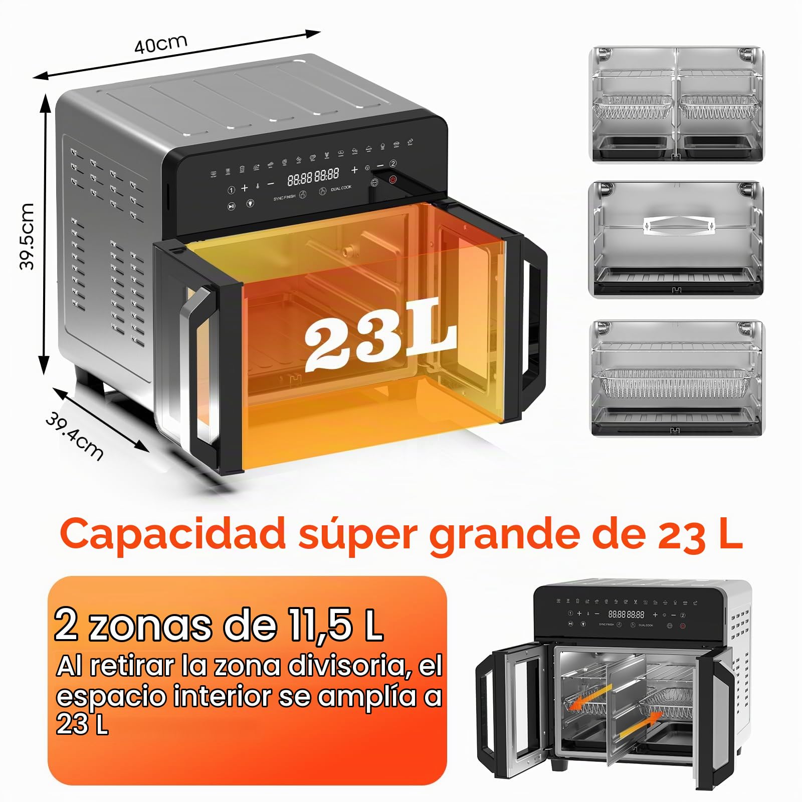 Freidora de Aire Dual Zone 23L, Air Fryer XXL con divisor extraíble, Freidora sin aceite con puertas French Door, 15 programas, Gran ventana, 5 juegos de accesorios, Libro de recetas