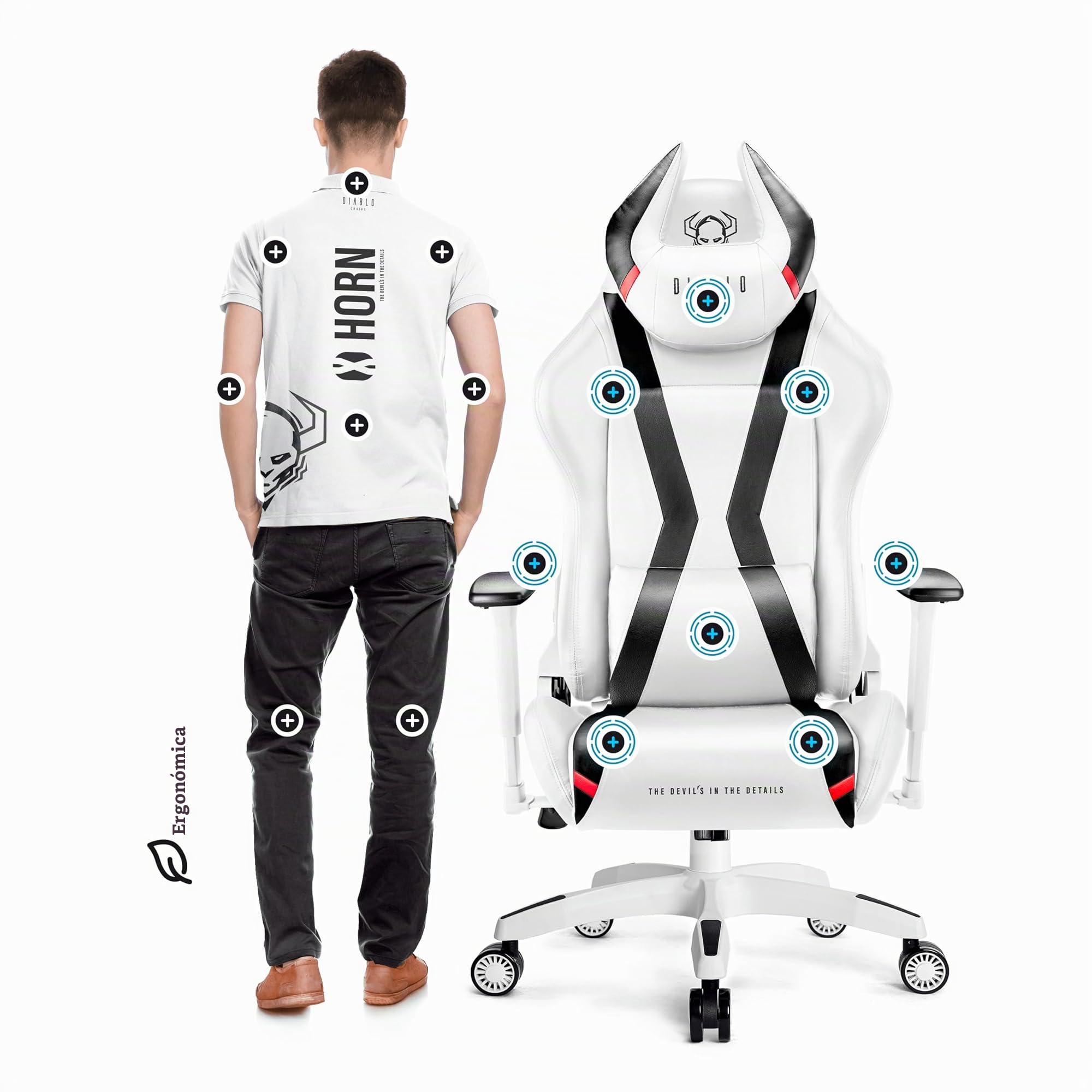 Diablo X-Horn Silla Gaming Oficina Gamer Apoyabrazos 3D Cojín Ajustable Diseño Ergonómico Cuero Sintético Función de Inclinación Blanco Normal (L)