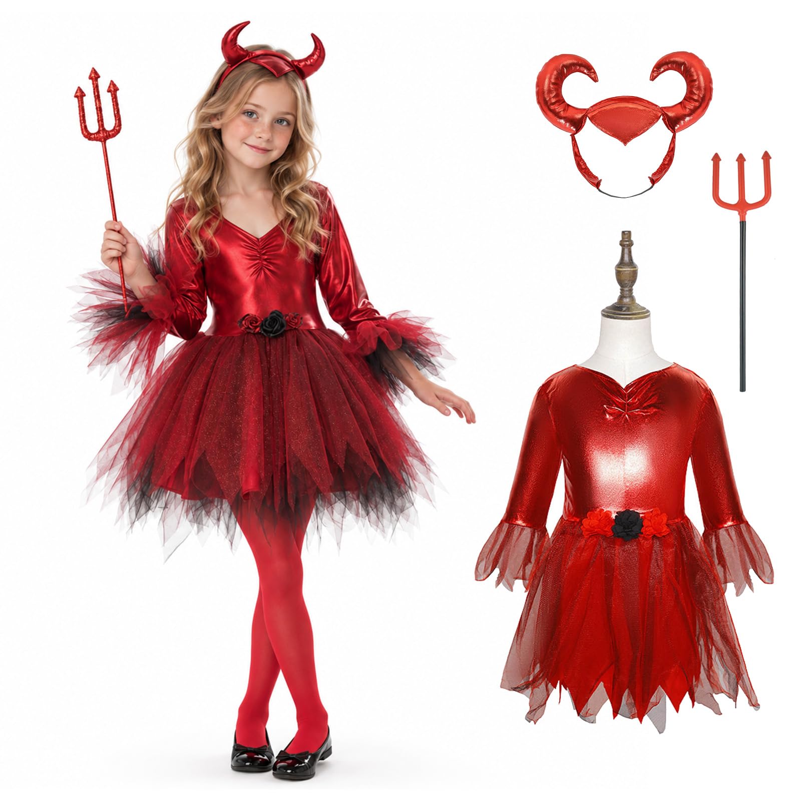Girls Devil Costume Halloween, Devil Fancy Dress Costume with Red Dress, Horn Headband & Trident, Kids Halloween Party Outfit for Girls, 3-12 Years