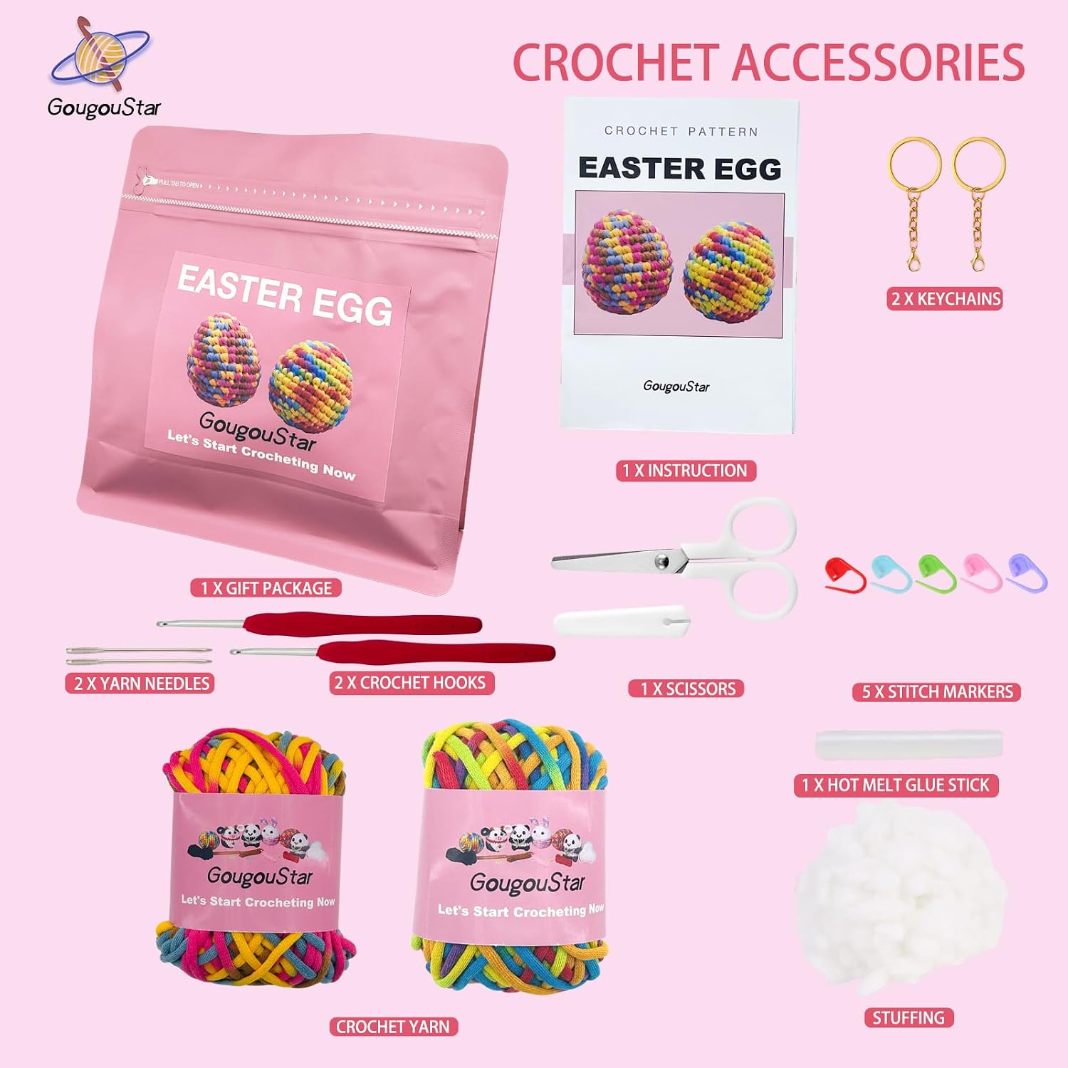 GougouStar Crochet Kit for Beginners - Amigurumi Two Eggs Crochet Kits - Knitting Kit with Step-by-Step Video Tutorials and Crochet Accessories - Beginner Crochet Kit with 50% Extra Yarn image 2